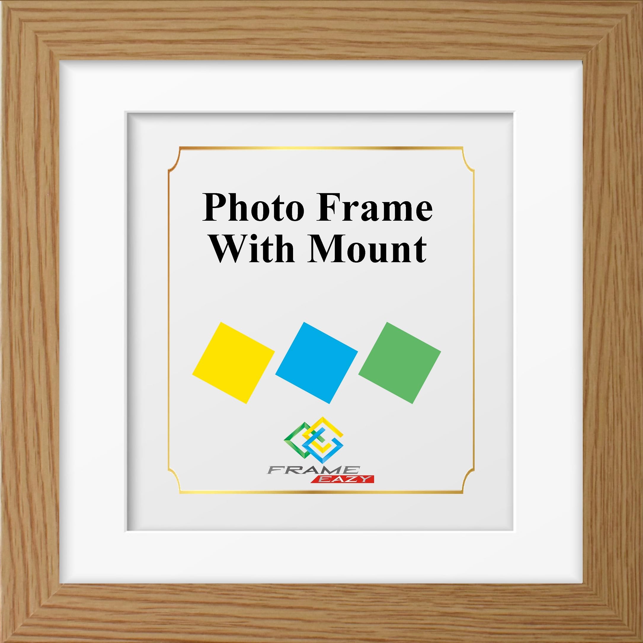FRAME EAZY Square Oak Photo Frame Picture Frame with White Mount - Comes With Safe Perspex Front & Wall Hanging Hooks - Square Frame 15"x15" Pic Size 11"x11" Mount