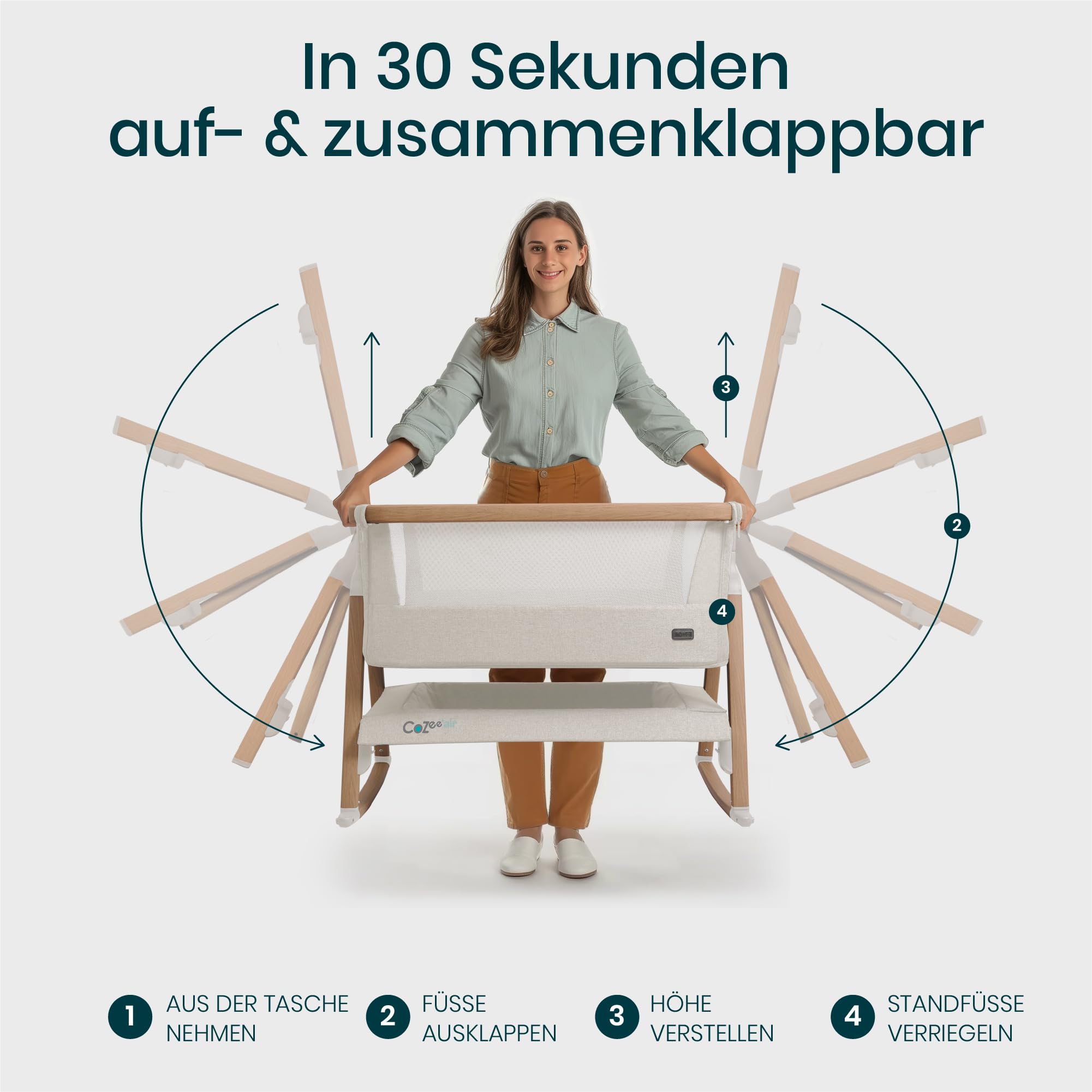 Tutti Bambini CoZee Air Beistellbett Baby Reisebett mit Matratze Kompakt faltbar Atmungsaktive Matratze 6-fache Höhenverstellung 0-6 Monate Walnuss Naturweiß
