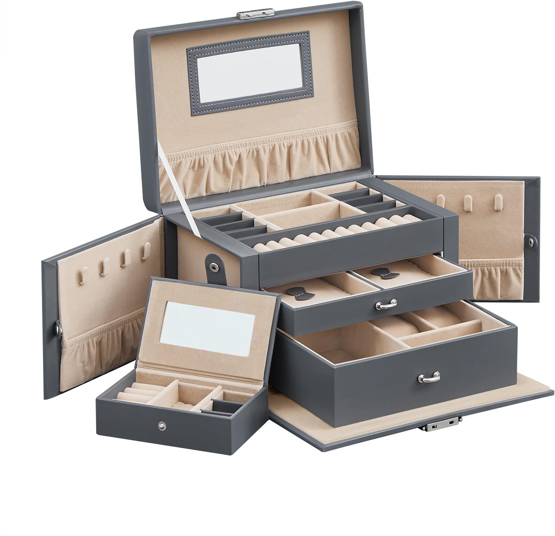 SONGMICS Jewelry Box 3 Layers, Jewelry Organizer with 2 Drawers, Jewelry Case with Portable Travel Case, with Handle, Lockable, Jewelry Storage, Gift for Loved ones, Gray UJBC121G01