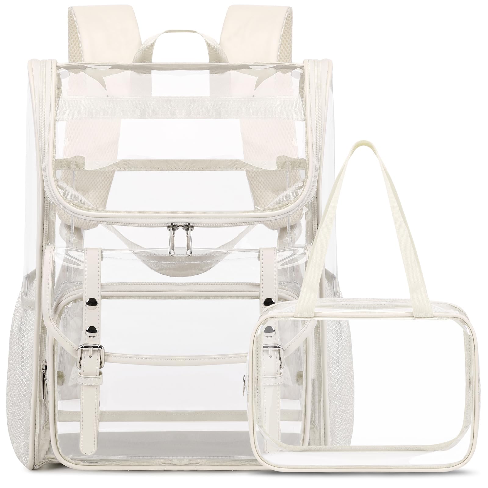 DIGOBAY Clear Backpack with Lunch Bag Set, Leather Clear Backpack Heavy Duty Thick PVC Bookbag Fashion See Through Transparent Backpacks with Support