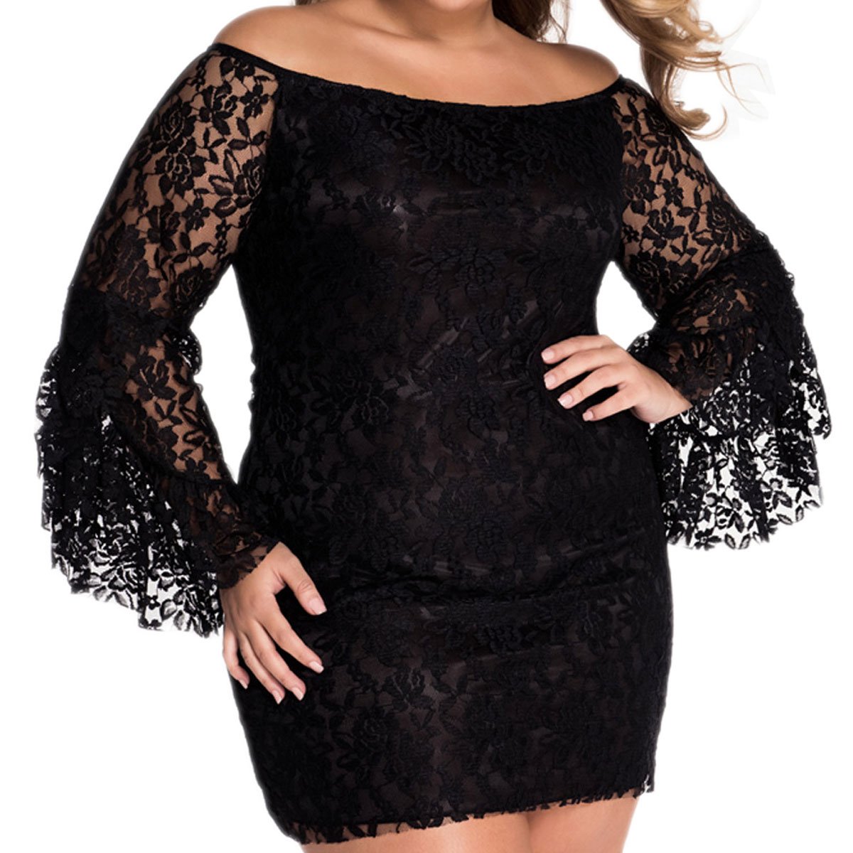 LANMWORN Pagoda Sleeve Off Shoulder Bodycon Mini Lace Dress