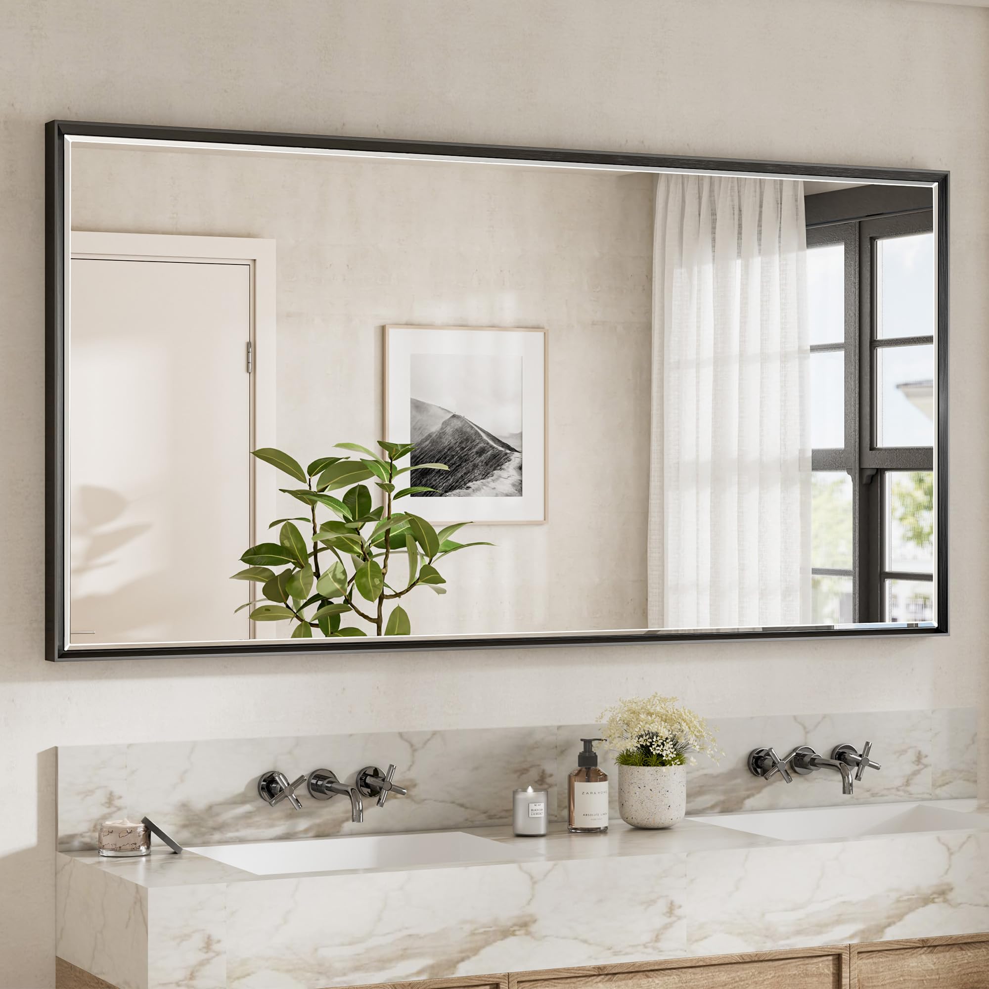72 x 36 Black Framed Mirror for Bathroom Beveled Black Bathroom Vanity Mirror Anti-Rust Shatterproof Matte Black Rectangle
