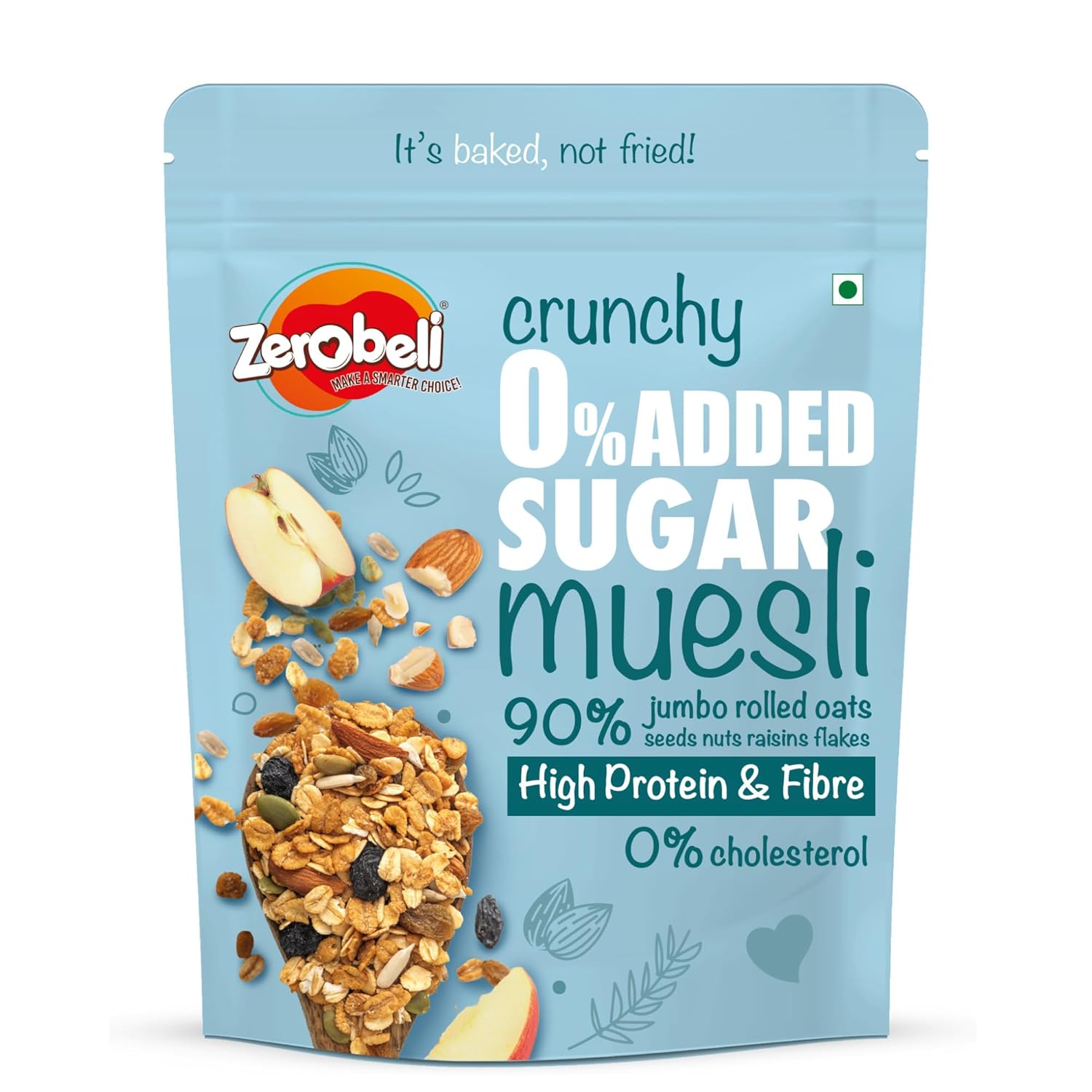 Zerobeli Crunchy 0% Added Sugar Muesli 425g -With 90% Wholegrains, Flax Seeds, Sunflower Seeds and Raisins|Diabetic Friendly and Helps Manage Weight