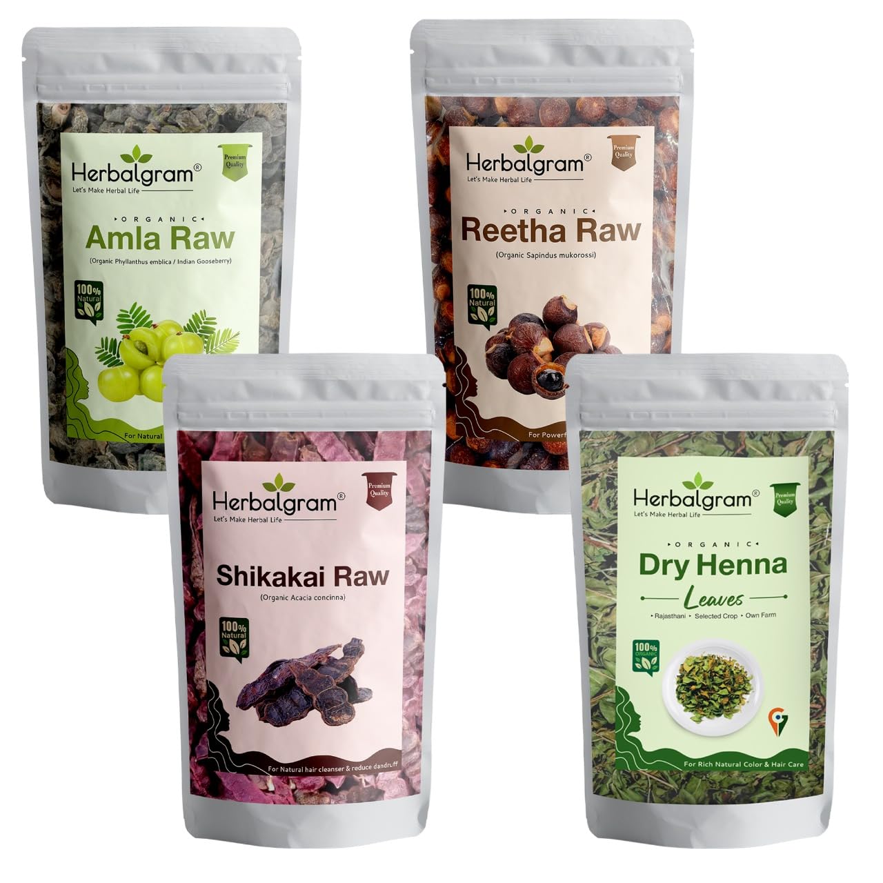 Herbalgram Amla Reetha Shikakai Pure Henna Raw for Hair Care & Shine Pure Combo Pack of 4 x 100gm Each-image-7