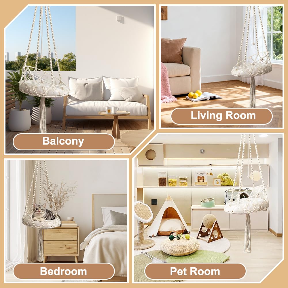 Katzenschaukel, HOVCEH Boho Makramee Katzen Hängematte mit Katzenspielzeug-Stick, 40cm Katzenhängematte Hängen Fenster für Garten, Terrasse, Balkon, Wohnzimmer