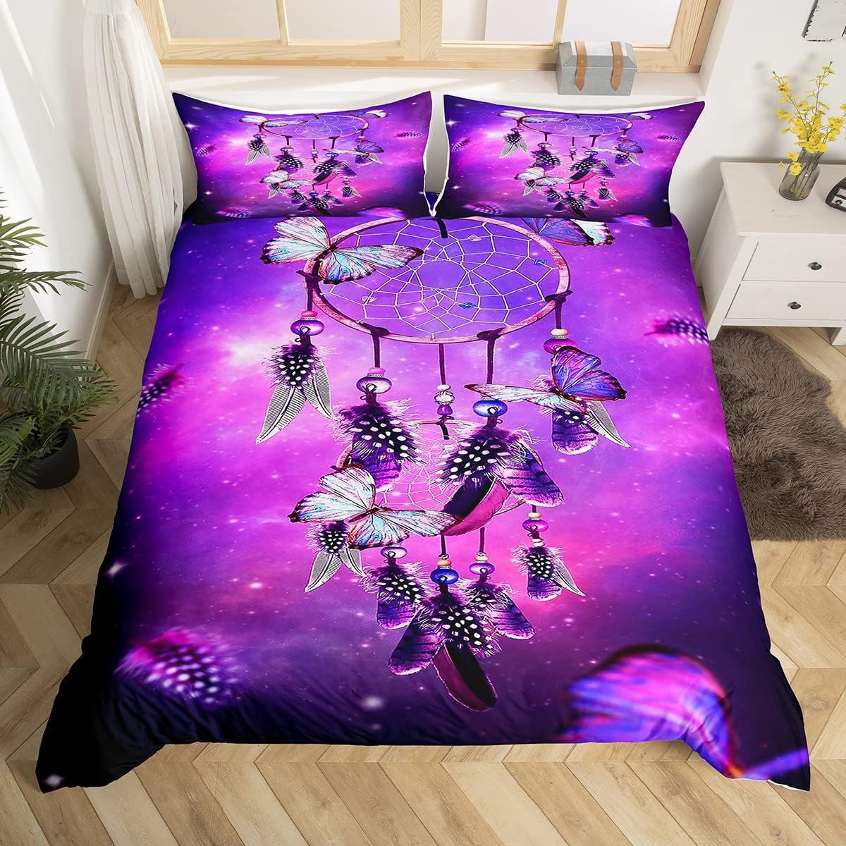Feelyou Galaxy Dream Catcher Bedding Set Feathers Pattern Duvet Cover Set Tribal Ethnic Decorative 2 Piece Bedding Set Twin Size Children Quilt Cover Set, 1 Duvet Cover with 1 Pillow Shams M