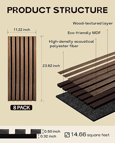 Miniatura 4 de Paneles acústicos de pared con listones de madera, 8 paneles de amortiguación de sonido de 23.62 x 11.22 pulgadas con acabado de madera natural,
