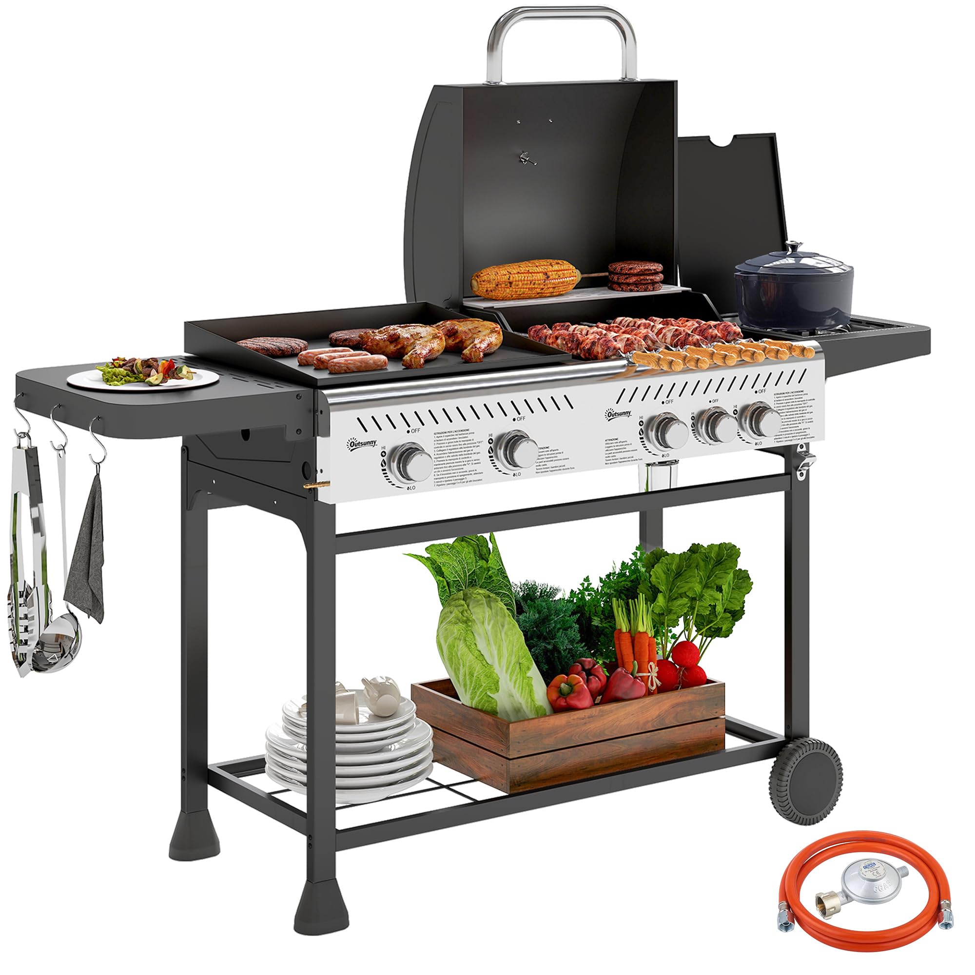 Outsunny Grill Gazowy 4+1 Palniki 12kW z Termometrem, Stal, Czarny Srebrny