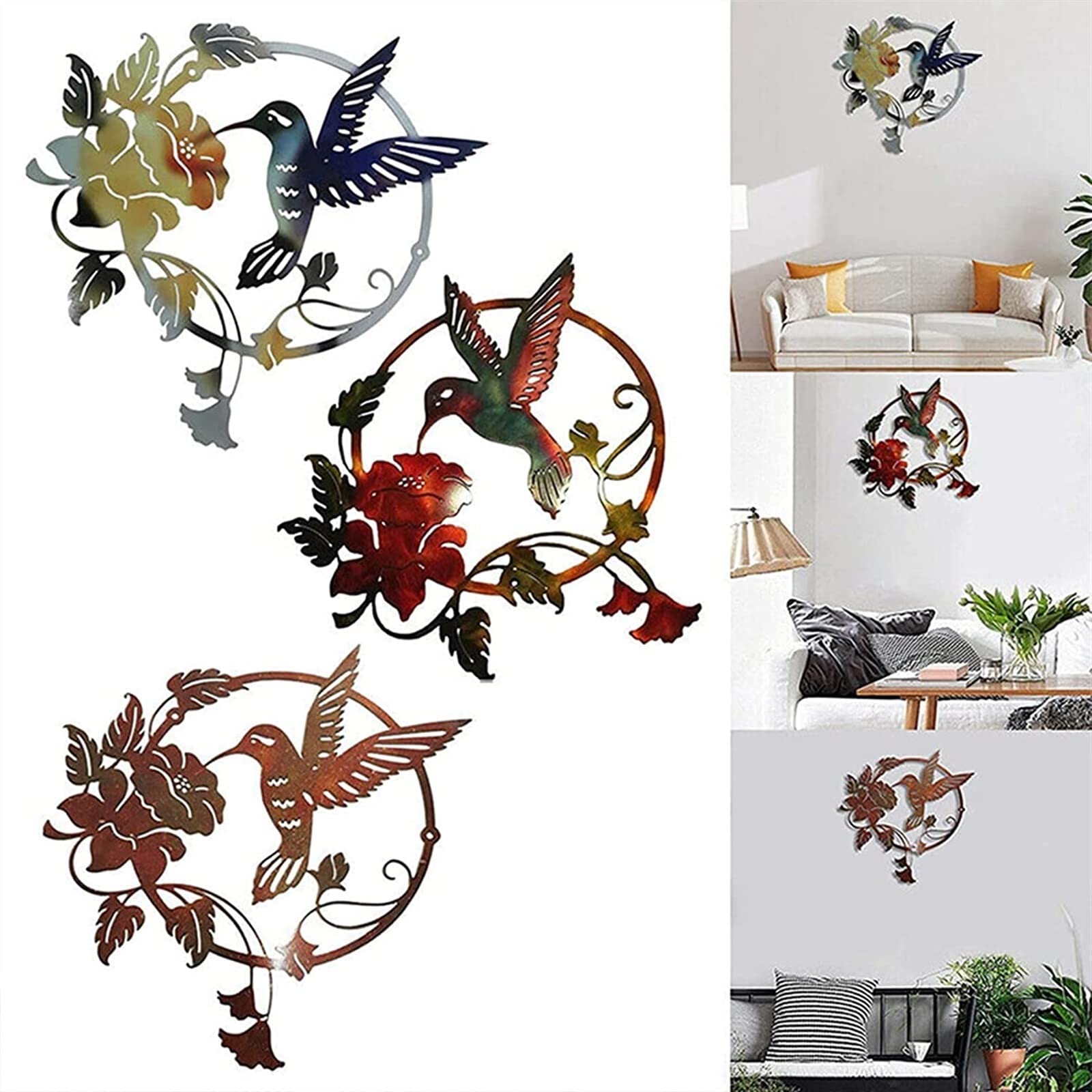 Decorazione Murale Metallo Round Con Colibrì - Arte Da Esterno/Interno Per Giardino, Casa - Foto 4