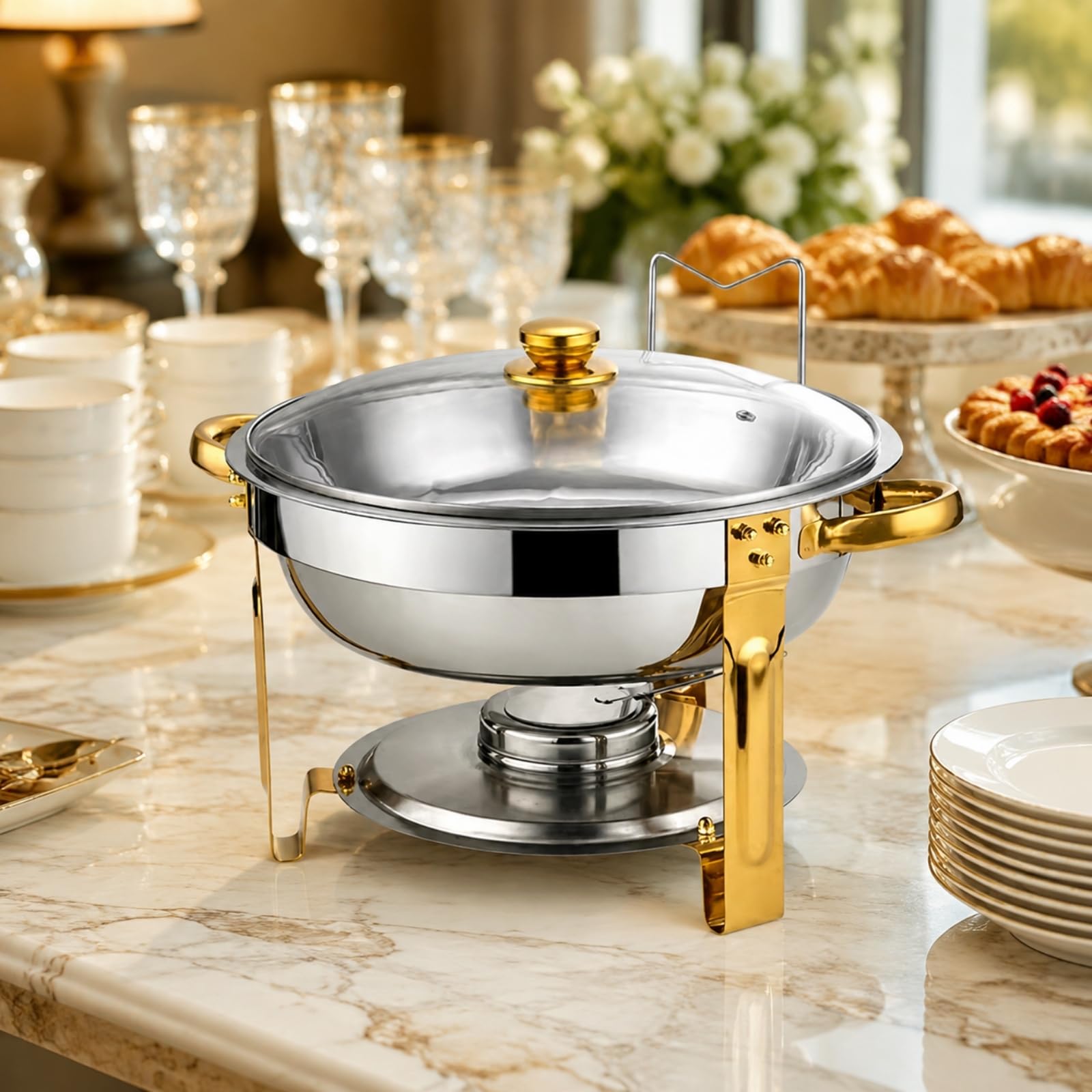 Milageto Chafing Dish Redondo 4,5 Litros con Tapa Chafing Dish con Banja Agua y smontable Chafer Acero Inoxidable, Plata