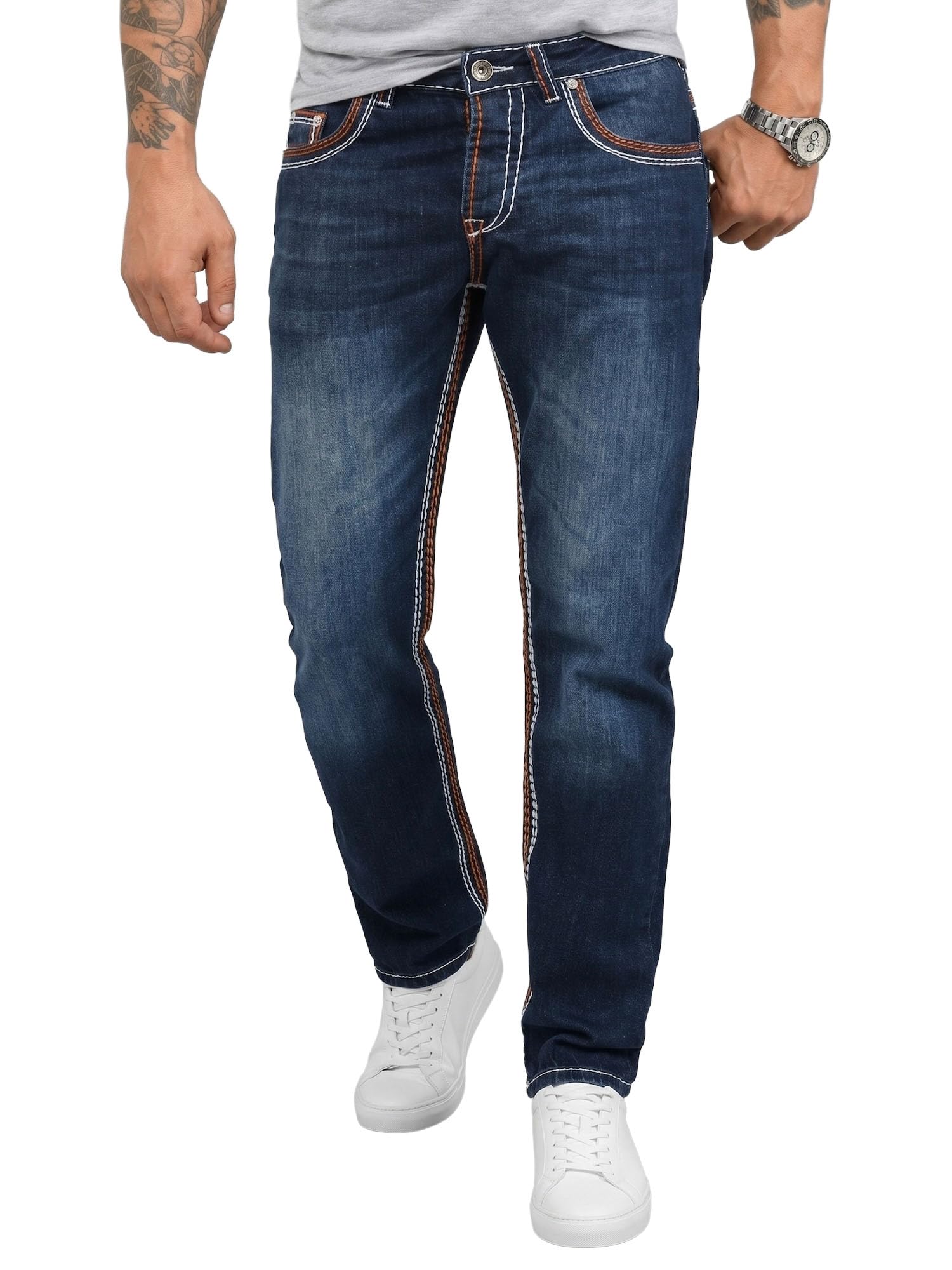 Rock Creek, RC-2056 - Jeans da uomo con cuciture spesse, stile vintage, colore blu