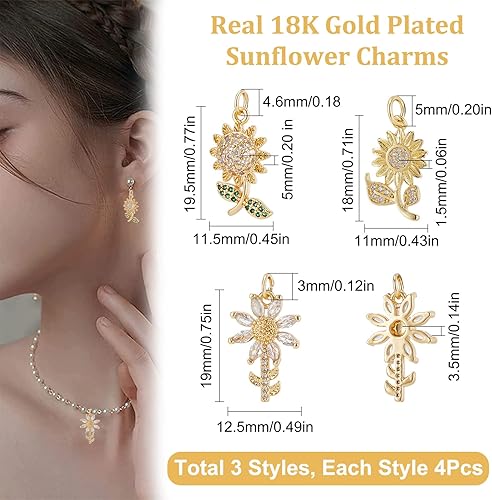 Miniatura 2 de Beebeecraft 12 unidadescaja de 3 estilos de circonitas cúbicas de girasol, chapado en oro de 18 quilates, dijes de flores de latón con anillo de