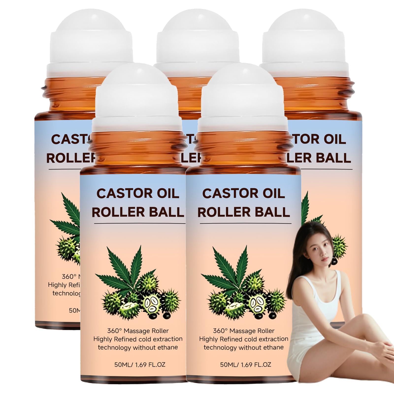 Olio di ricino con rullo al quarzo rosa, olio di ricino biologico, roll-on, bottiglia di vetro ambrato, ammorbidisce la pelle del viso, idratazione profonda, ammorbidente pancia, viso e corpo, 50 ml