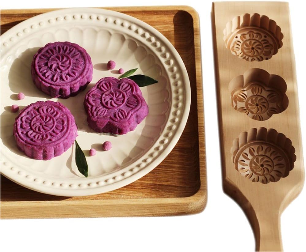 MoonCake Mold Chinese Traditional Mid-autumn Festival Moon Cake Mold 3 Flower Shape Wooden Handmade Baking Mold for Muffin Mooncake Cookie Biscuit Chocolate Pumpkin Pie