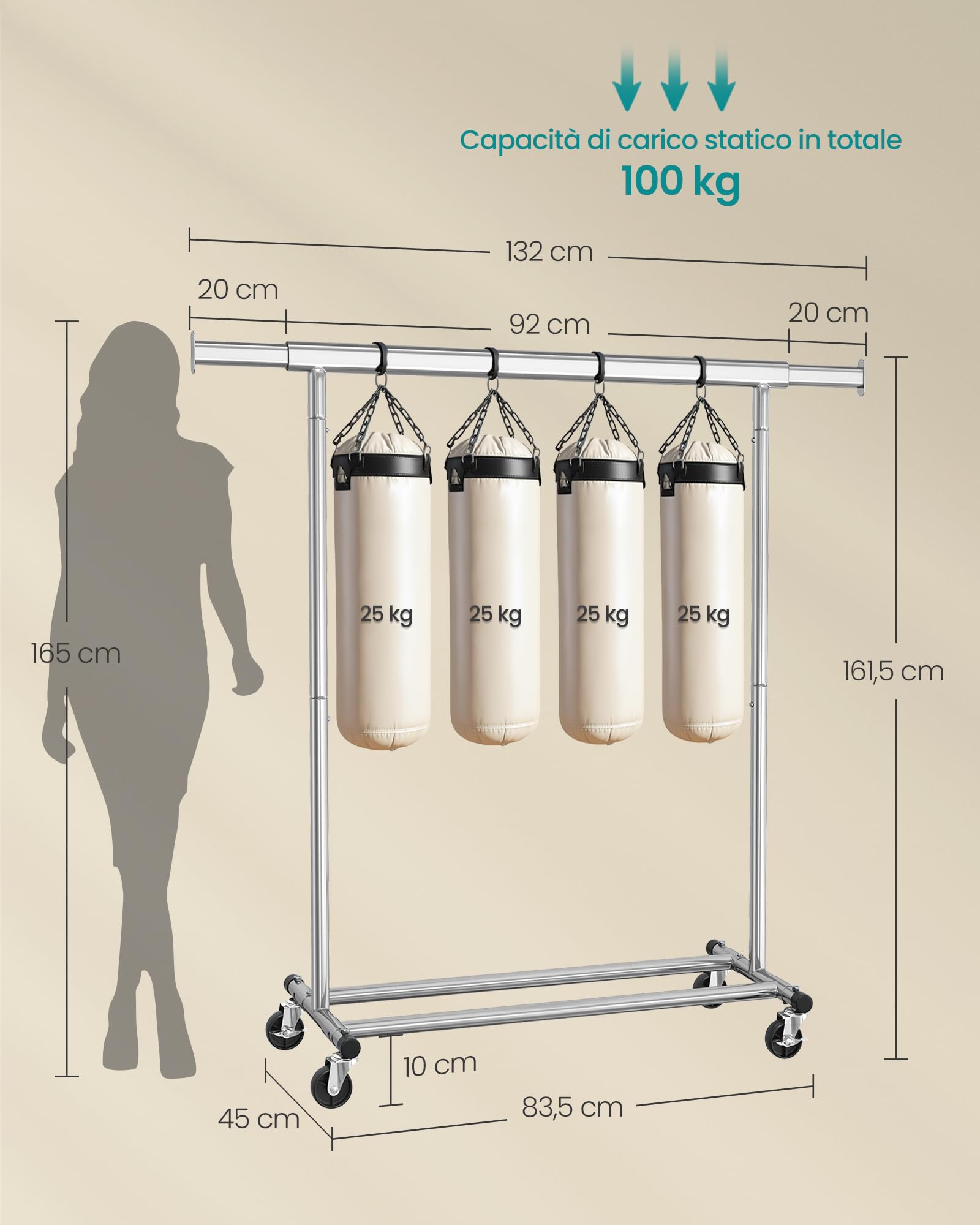 SONGMICS Stand Appendiabiti con Ruote, Attaccapanni Estensibile per Carichi Pesanti, Portata Totale 100 kg, 45 x (92-132) x 161,5 cm, Facile da Montare e Spostare, Argento HSR13S