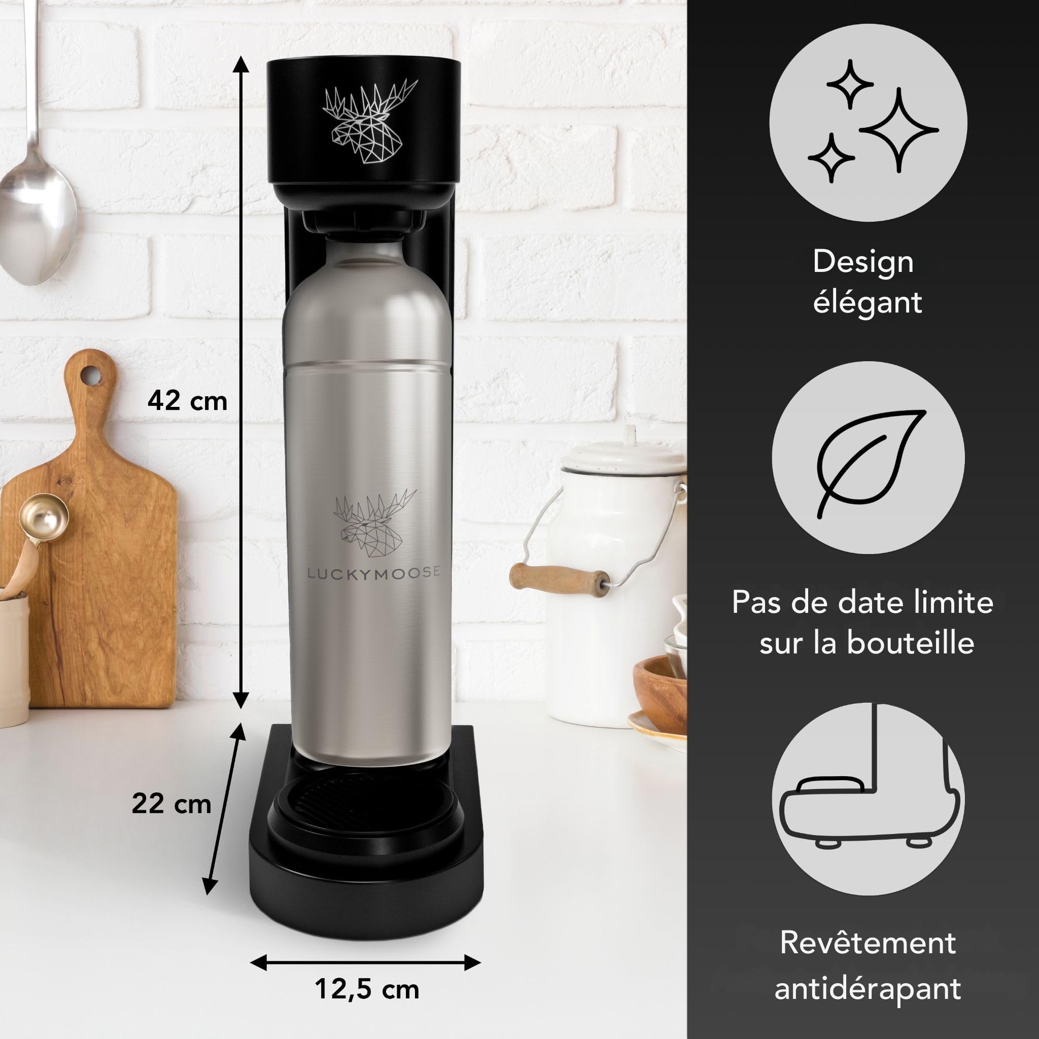 Luckymoose Infinity Machine à eau pétillante & Soda streaming machine – Set 2 Bouteilles Inox 1,25L – Gazéificateur d'eau Maison & Cuisine, Design Compact & Solide Compatible Cylindre CO2 Bleu
