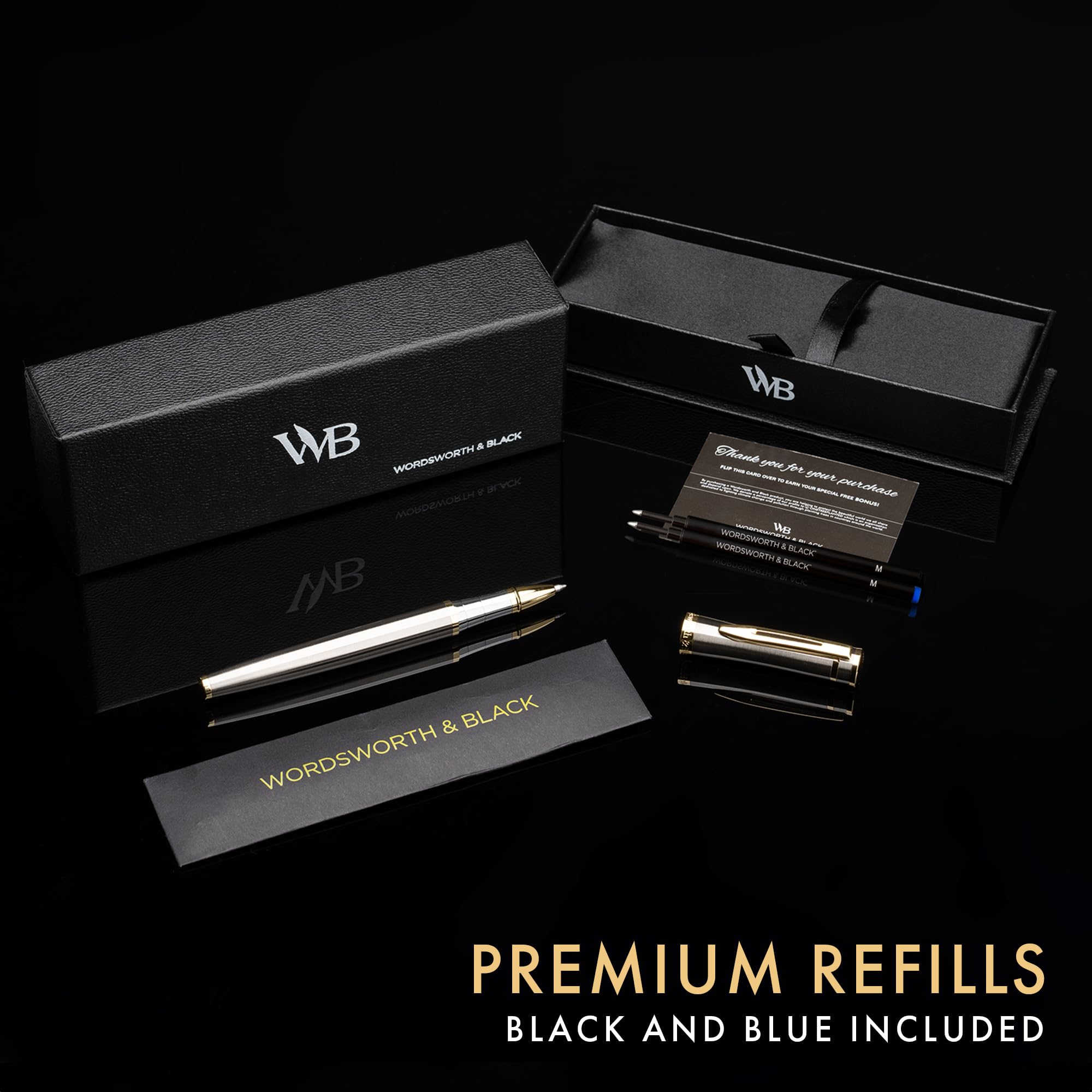 Wordsworth et Black Rollerball Pen - Stylo de Luxe - Finition Or 24K, Laque Argentée, Recharge d'Encre, Rechargeable, Cadeau pour Hommes & Femmes, Écriture Professionnelle, Beaux Stylos Élégants