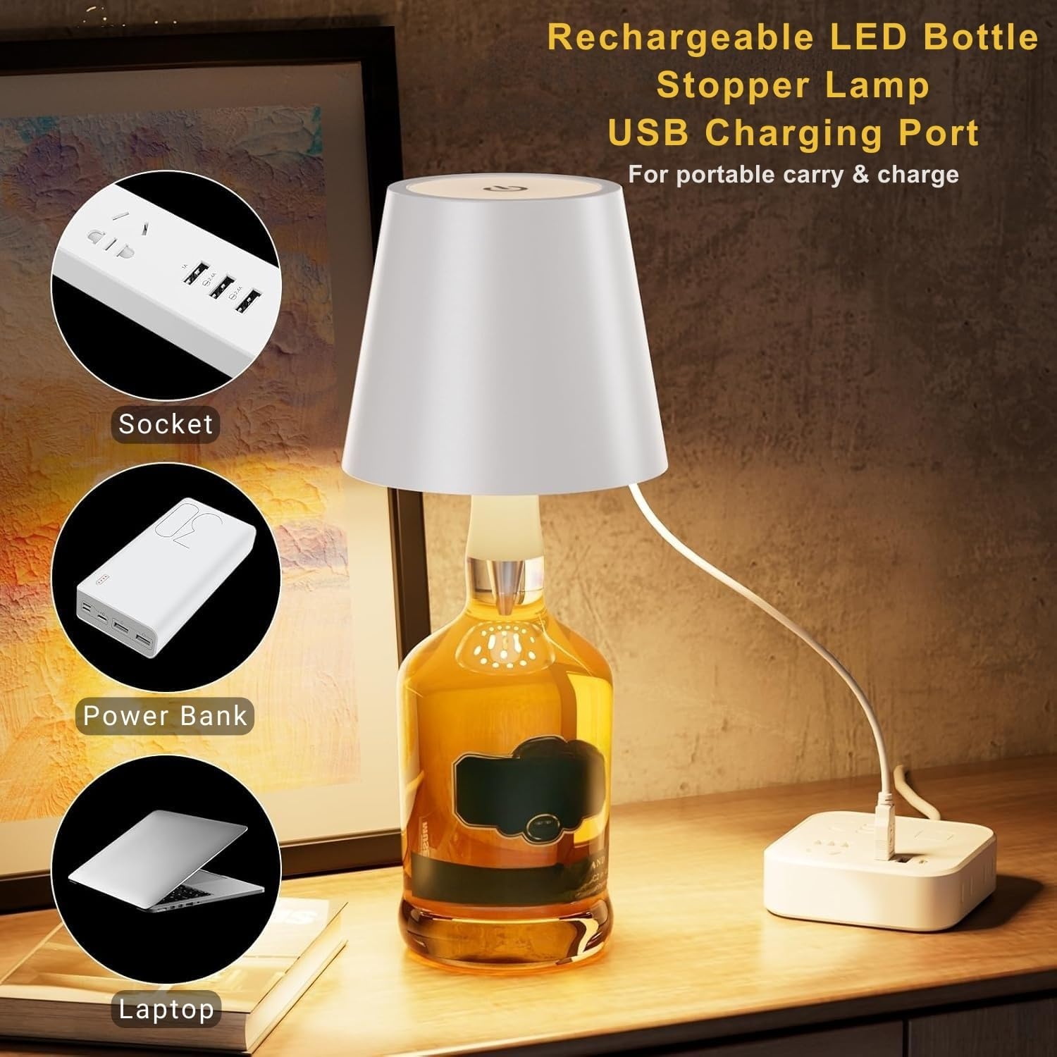 Kshavi Wireless Bottle Lamp Shade with 3 Color Touch Control Wireless Indoor & Outdoor, 100% Waterproof Adjustable Brightness and Light Living Room Home Decor Restaurant (White) 1