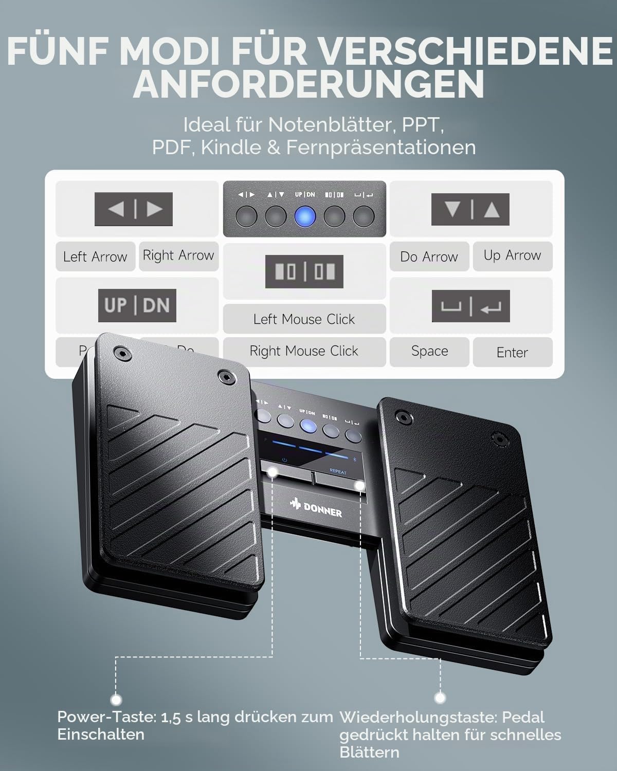 Donner Wireless Bluetooth Page Turner Pedal Bluetooth-Seitenumblätterer-Pedal für iPad-Tablets und Smartphones, Fußpedal, Schwarz
