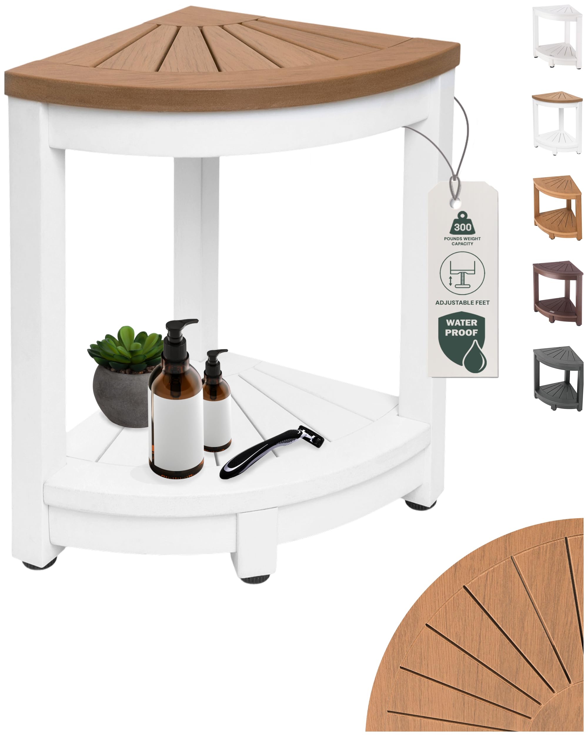 ROHKEX Waterproof Corner Shower Stool - White & Brown Waterproof Shower Bench for Shaving Legs & to Sit On - Easily Assembled Corner Bench & Shelf - Restroom Organizer