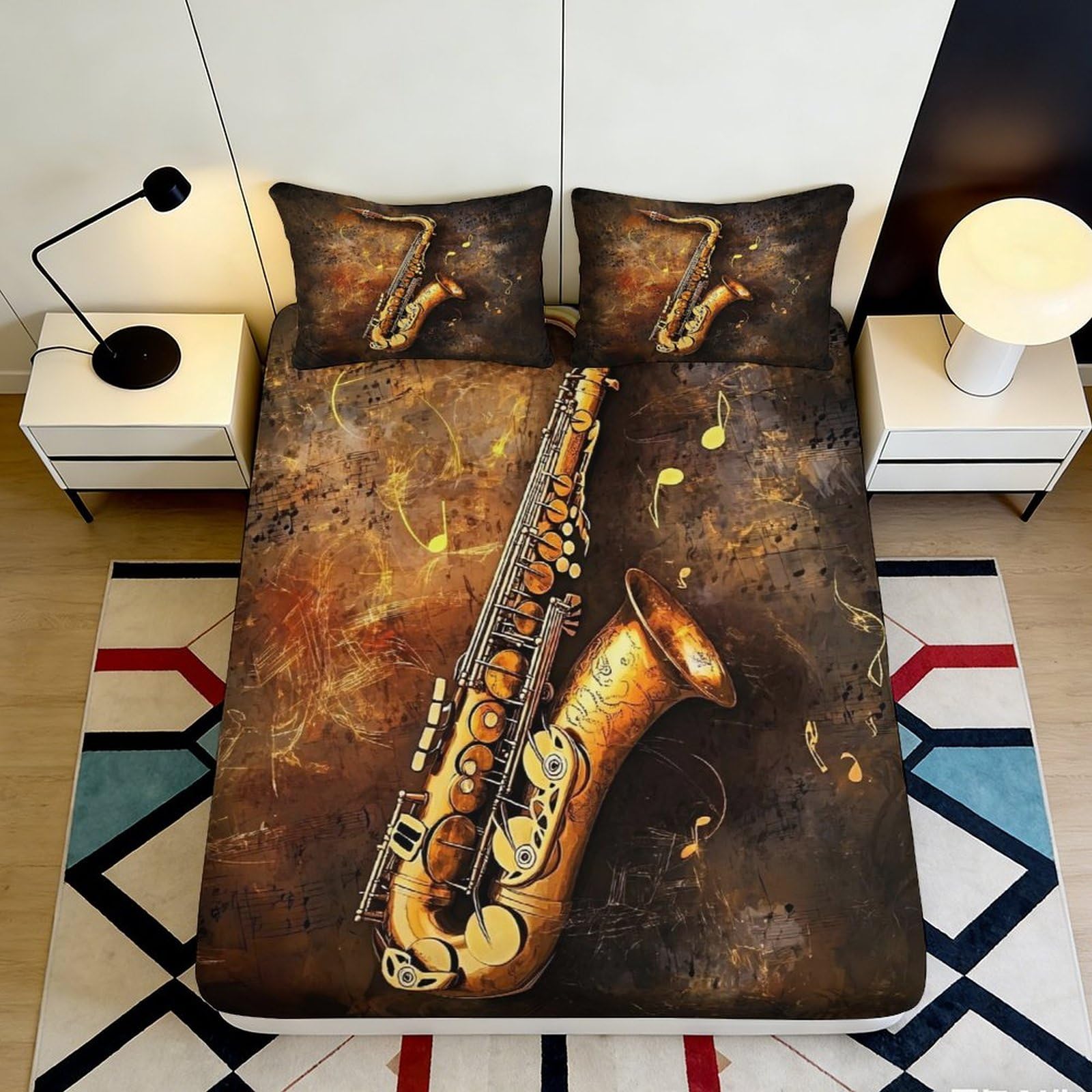 Jqzkxnhpbr Style-4 3D Printed Vintage Saxophone Fitted Sheet Microfiber Brown Artistic Bed Cover For Bedroom Guest Room Decor 90X200x25cm