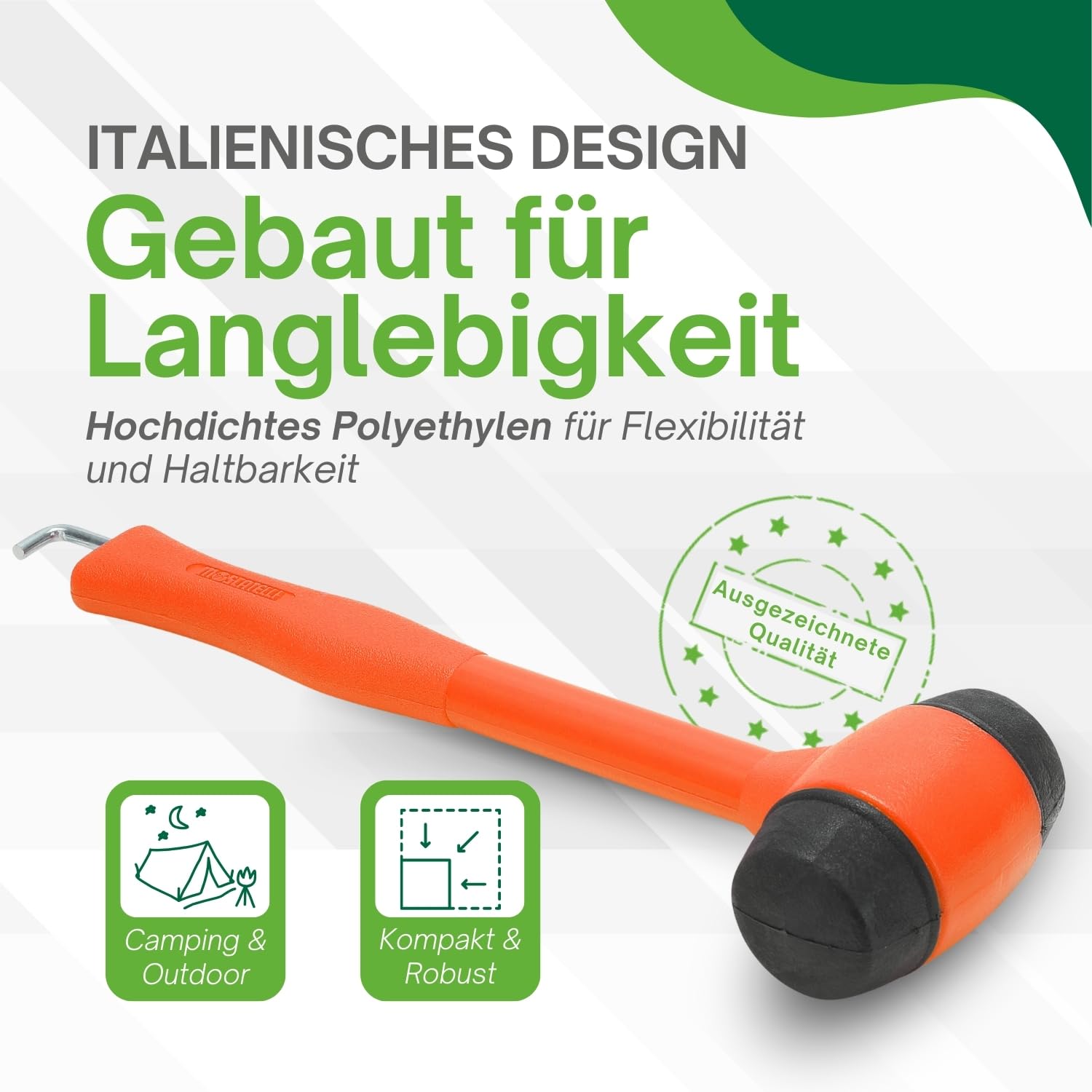 MOSCATELLI Vielseitiger, robuster und ergonomischer Campinghammer mit Haken zum Entfernen von Heringen - Orange