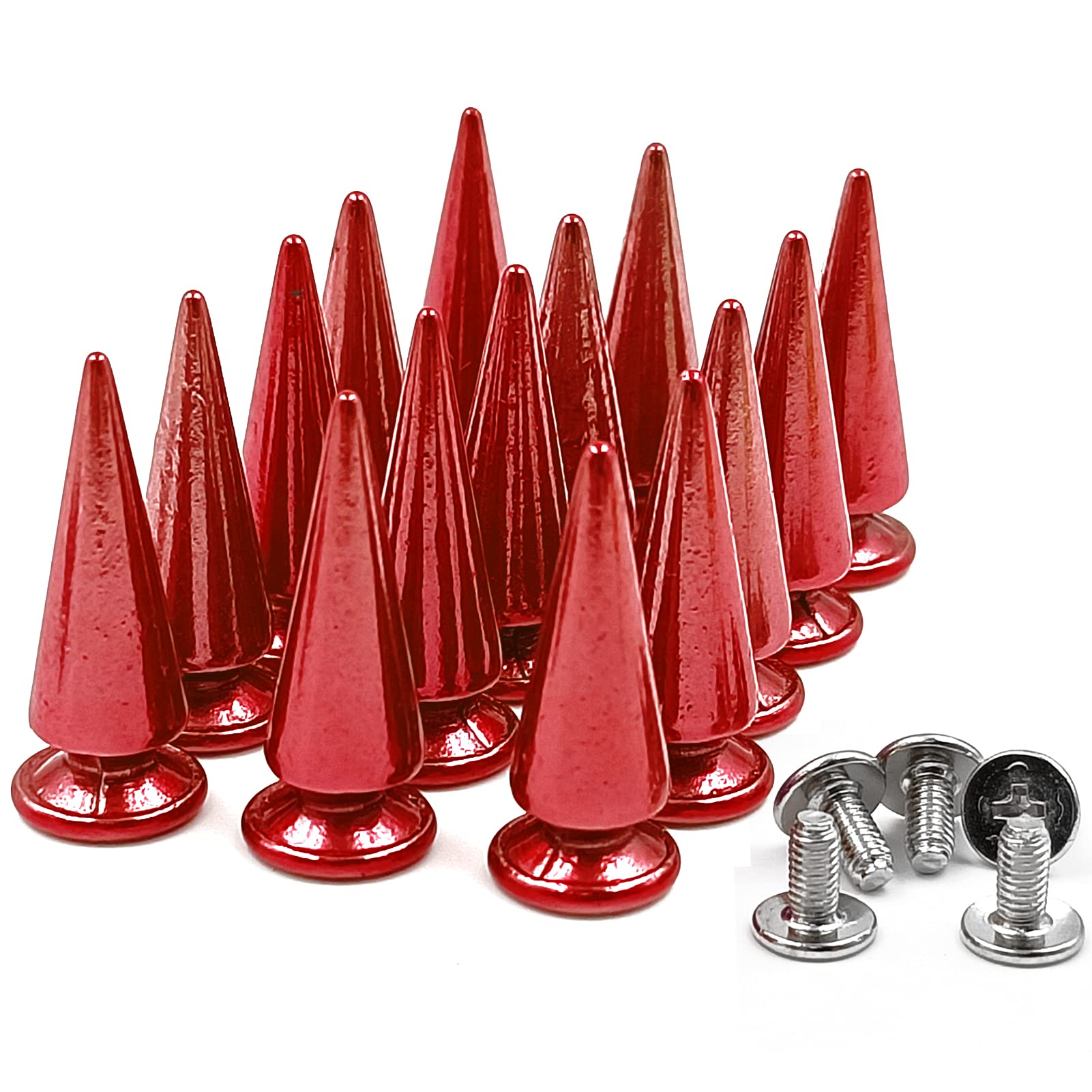 ACTENLY 10 Sets 26MM Metallic Spikes and Studs Metal Bullet Cone Spikes Screw Back Large Punk Studs and Spikes for Clothing Shoes Leather Belts Bags Accessories 0.39 x 1.02inch (Red)