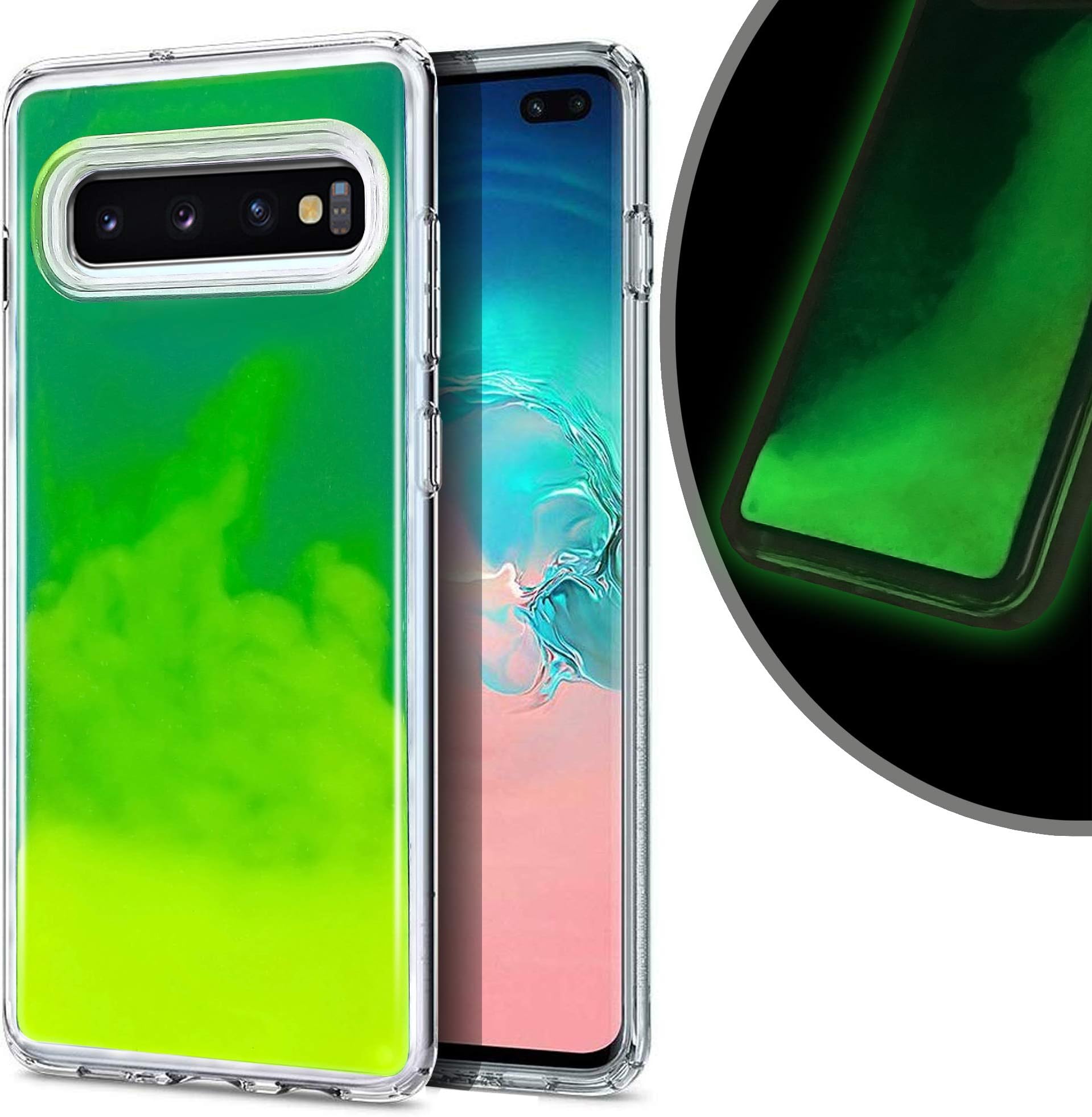 VenSen Liquid Fluorescent Case for Samsung Galaxy S10 + Plus (6.4 inch) Soft TPU Luxury Glow in The Darkness Noctiluncen Luminous Neon Sand case Fit GalaxyS10+ S10+ S10Plus (Green)
