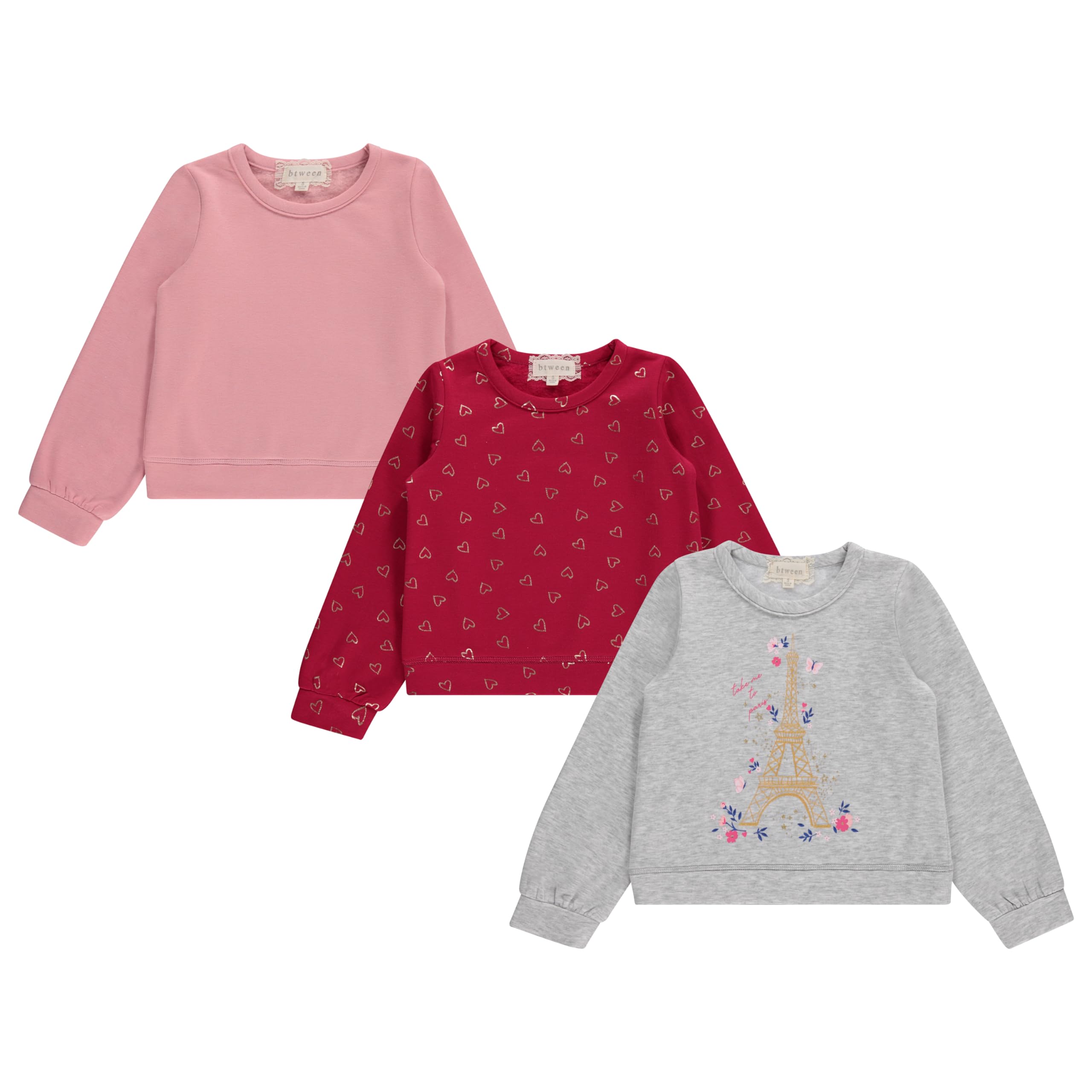 BTween Girls 3 Piece CrewithNeck Fleece Sweatshirt Set Long Sleeve Cotton Blend Pullover, Soft and Comfortable, Sizes 4-12