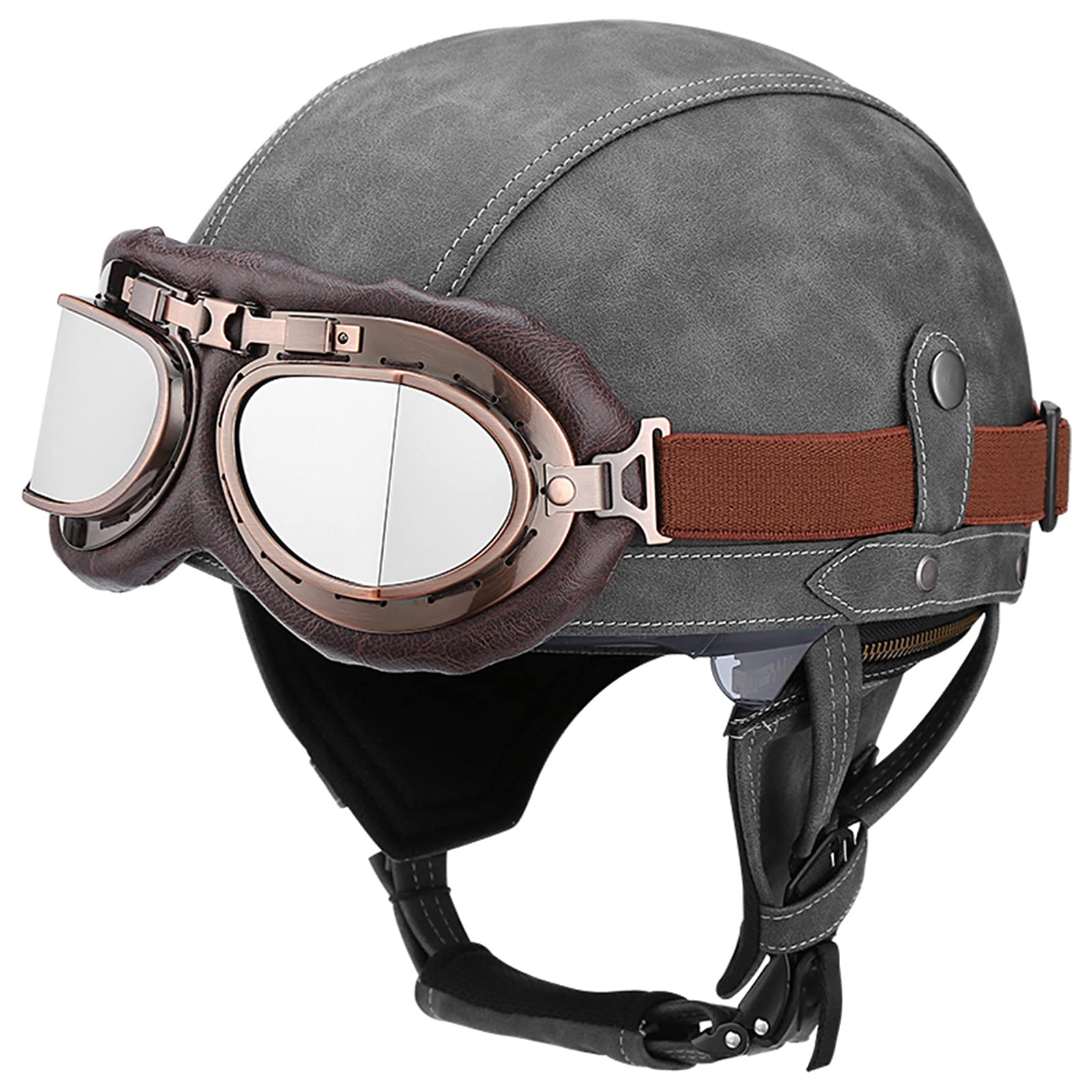 SDKUing Classic Retro Open Face Motorcycle Leather Helmet Men Women Vintage Half Helmet with Goggles Chopper Pilot DOT Approved Moped Scooter Helmet Personality Jet Helmet