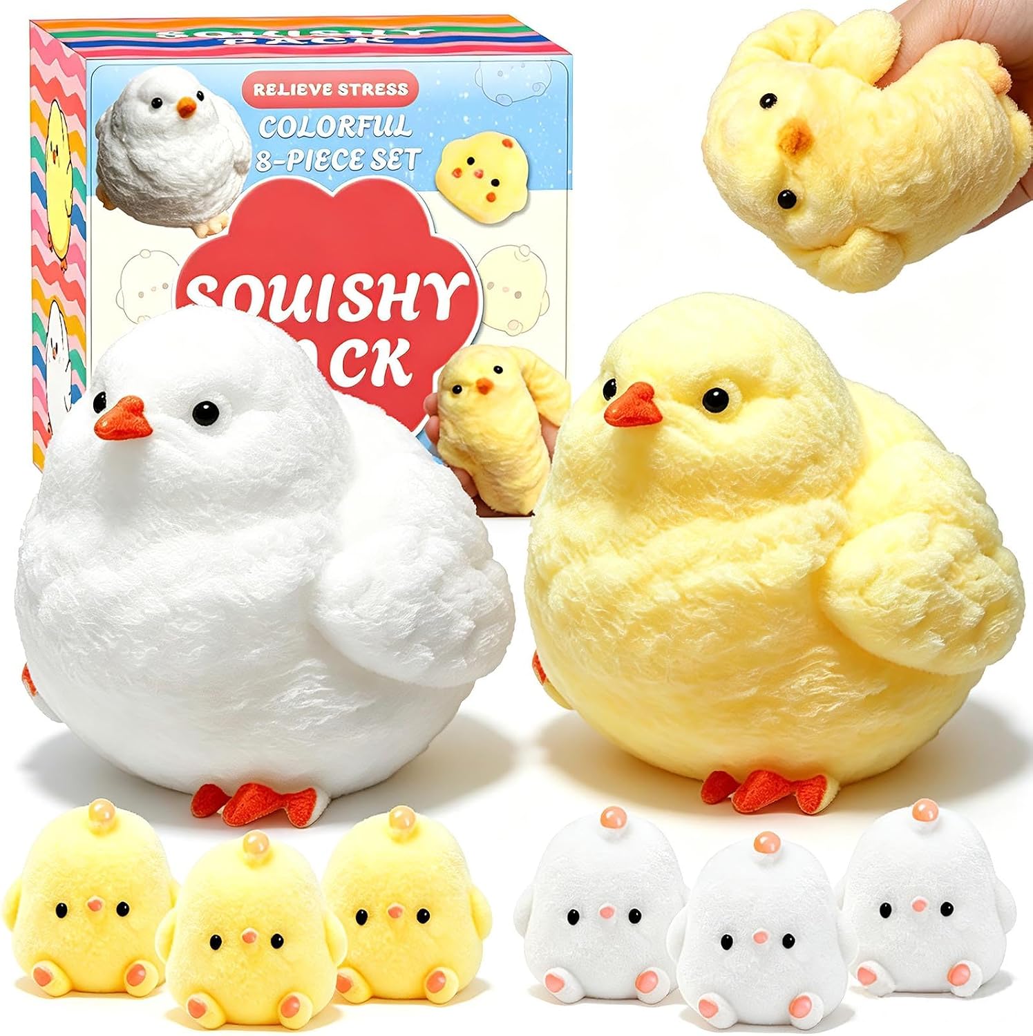 8Pcs Big Chick Taba Squishy Fun Box Toys Kit-3.2in, Cheap Squishies Fidget Squeezee Toys Pack for Kids & Adults Stress Relief（Chicken）