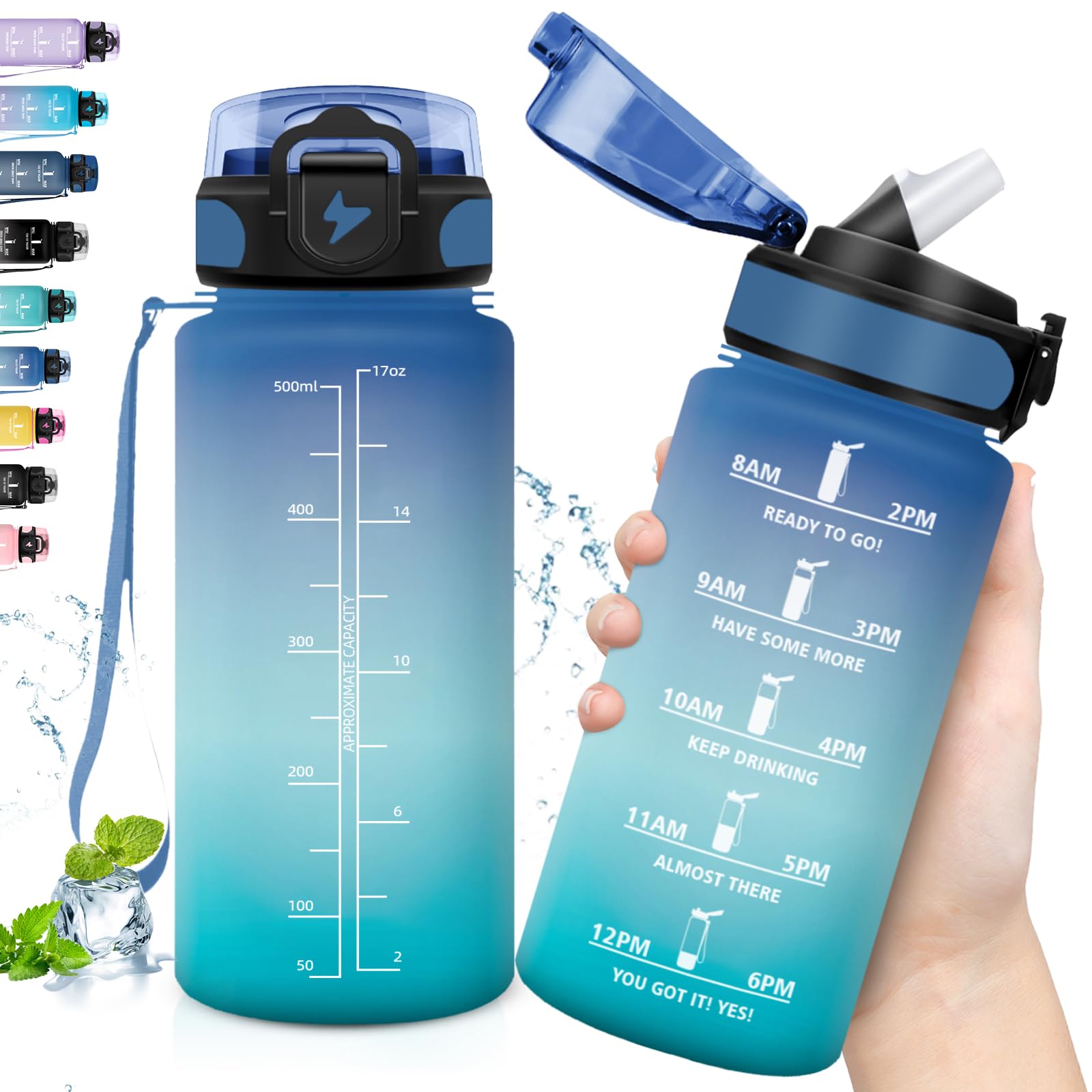 Grsta Children's Drinking Bottle, Water Bottle with Straw, Leak-Proof, Easy to Clean, Water Bottle with Time Marking, Sports Water Bottle 500 ml, for School, Yoga, Outdoor, Blue-Green