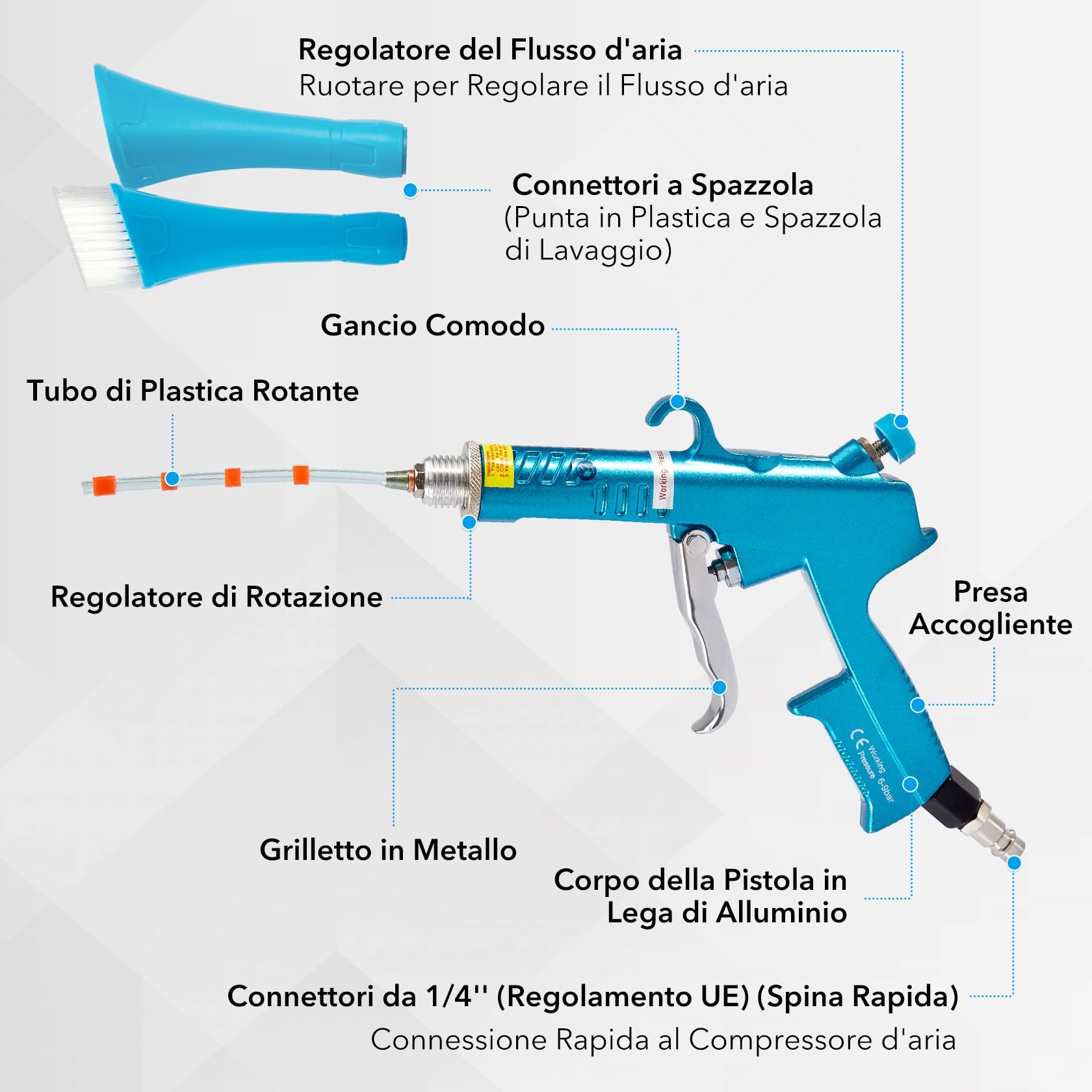 CarBole Pistola per la Pulizia a Secco della Lega di Alluminio,ad Aria Compressa 6-9 Bar,Teste Quadrate della Pistola Sono più Adatte per la Pulizia degli Interni dell'automobile