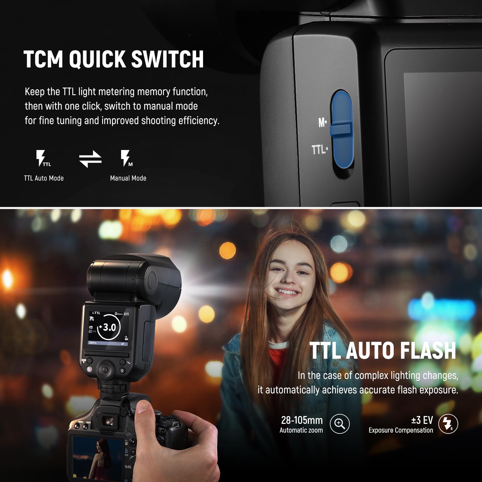 NEEWER Z2-N Flash Speedlite TTL Tête Ronde 2,4G Compatible avec Nikon, HSS 76W 1/8000s avec Diffuseur, 2 Lampes Pilotes, Nouvelle Interface Utilisateur, Sélecteur TCM TTL/M, Batterie 3000mAh 600 Flash