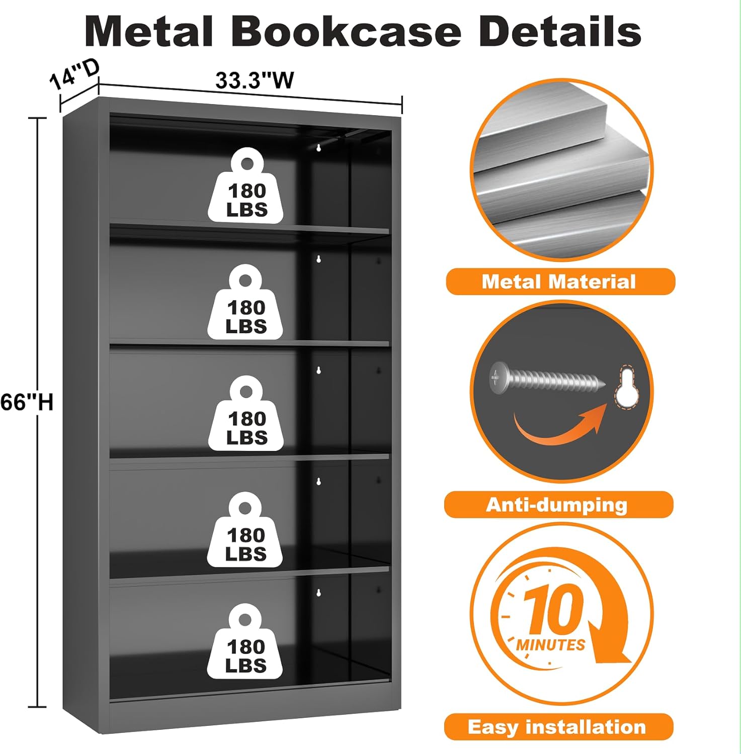 5 Tier Metal Bookshelf, 66" Tall Bookcase, Adjustable Book Shelves, Modern Black Book Shelf Storage Shelves for Bedroom, Living Room, Office, Library, Classroom, School