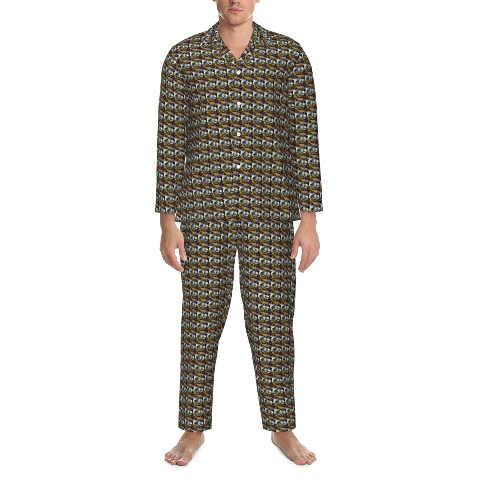 Steam Little Train - Conjunto de pijama de manga larga para hombre, de dos piezas, transpirable, cómodo