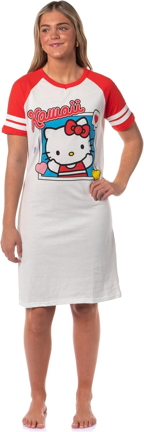 Bioworld Sanrio Hello Kitty and Friends Women's Varsity Pajama Sleep Shirt V-Neck Raglan Nightgown