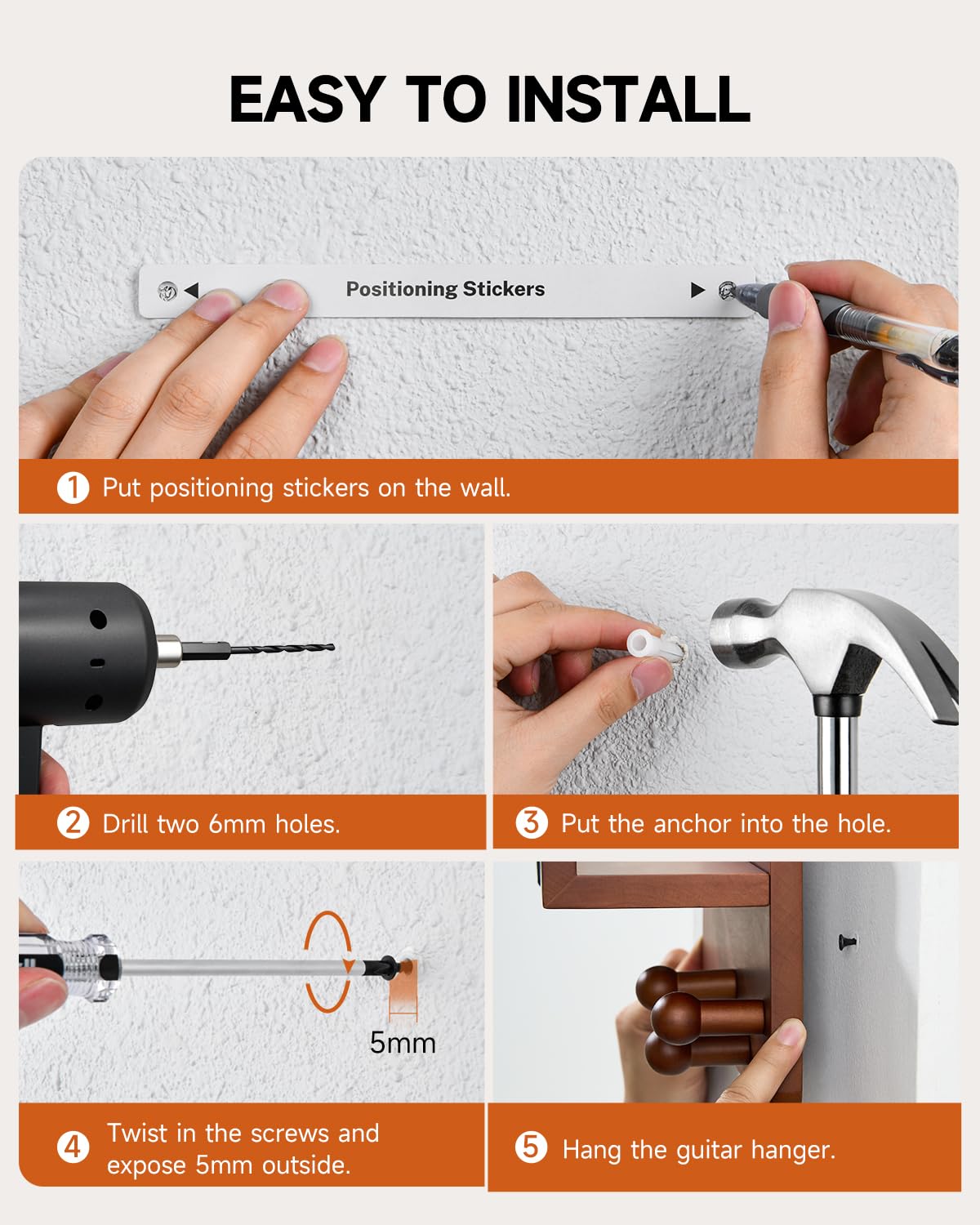 Donner Porta Chitarra da Muro con Porta-plettro e 3 Ganci, Appendi Chitarra da Muro per Elettrica, Acustica, Basso, Ukulele