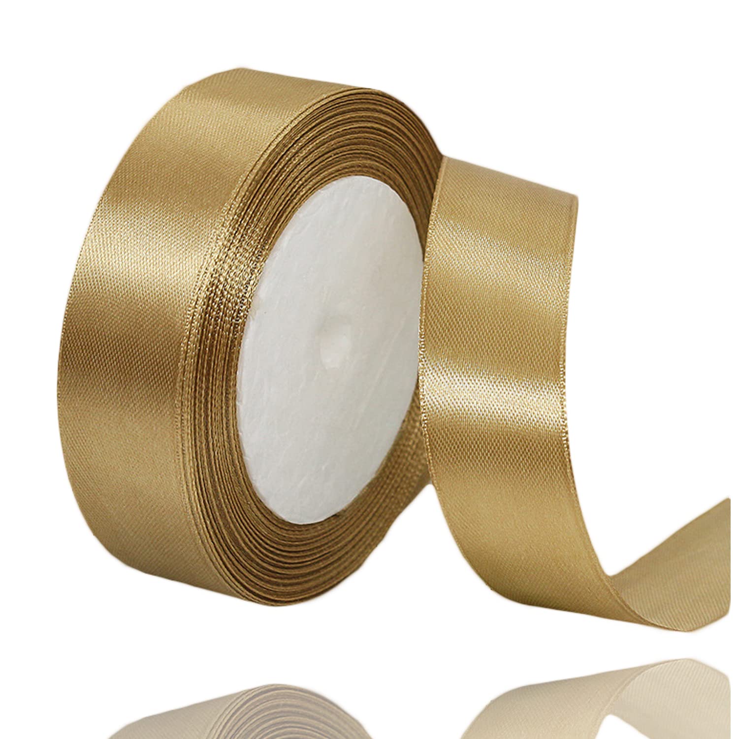 Alohovme Champagne Gold Champpagne Gold Satin Ribbon 25Mm X 23 Metres, Solid Color Gift Ribbon For Crafting, Gift Wrapping, Wedding Bouquet, Flower Arrangement, Bows Making, Balloons, Cake Decoration And Baby Shower