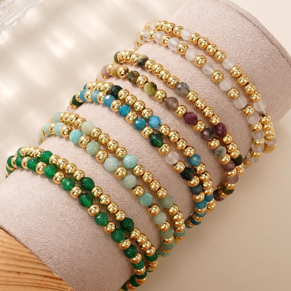Dainty 14K Gold Plated Gemstone Beaded Stack Bracelets for Women,Stackable Bohemian Beads Bracelet Healing Stretch Trendy Ball Jewelry Friendship Accessories Gift - Image 4