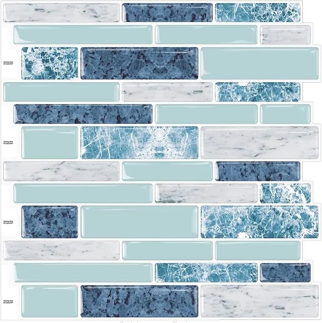 DEWOO Peel and Stick on Splashback Blue 3D Self Adhesive Wall Tiles for Kitchen Bathroom,10-Sheet, (12"x 12")