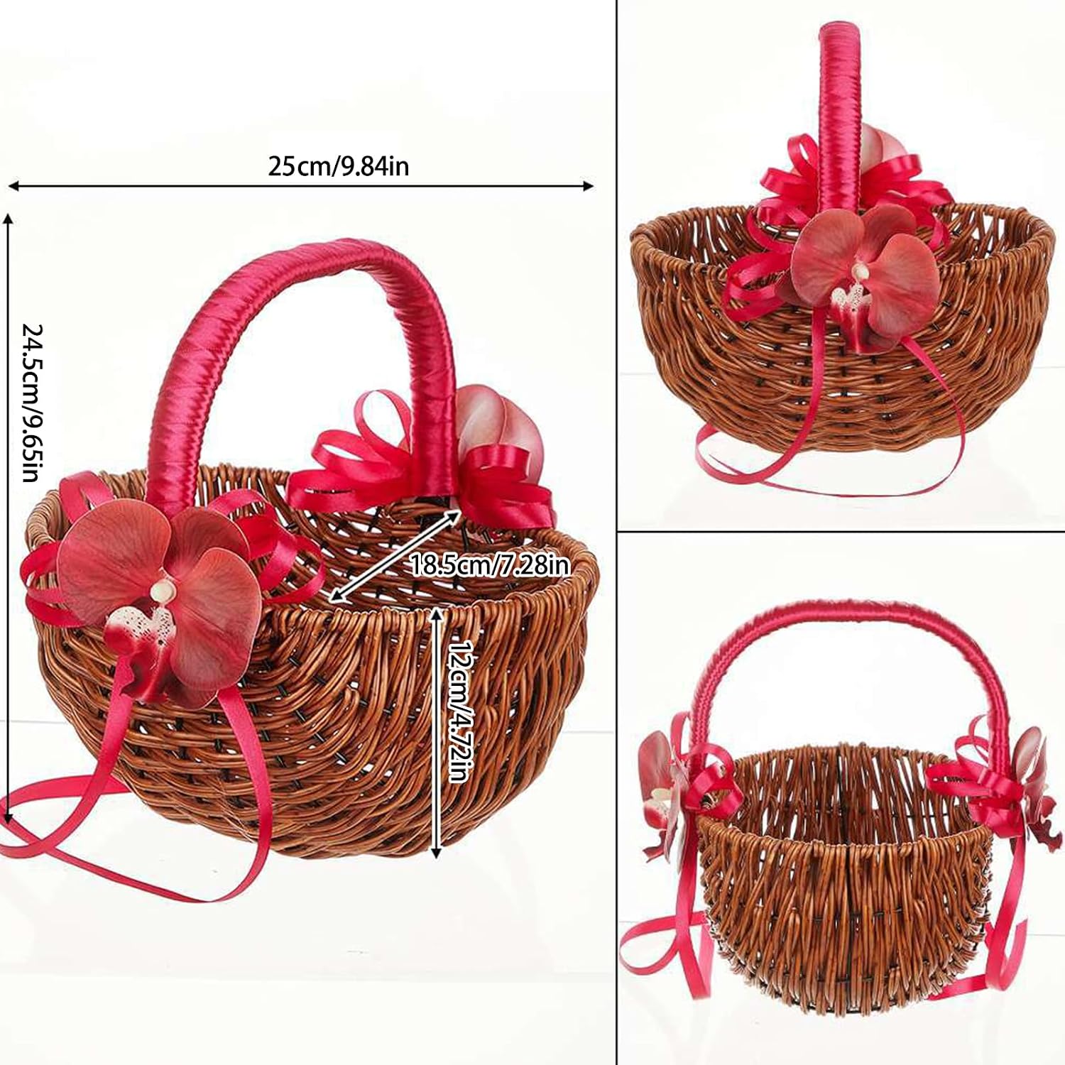 Stylish Pearls Handheld Wicker Flower Girls Baskets with Elegant Ribbons Multipurpose Use for Romance Wedding Decoration Gift Presentation Basket image 3