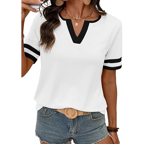 SHEWIN Women's Summer Tops Cotton V Neck Short Sleeve T-Shirts Colorblock Casual Tees 2026 Clothes