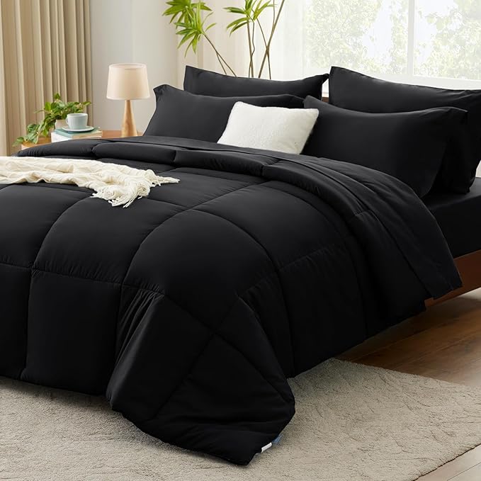 CozyLux Queen Comforter Set - 7 Pieces Bed in a Bag Set Dark Grey Queen, Gray Complete Bedding Sets Bed Set for All Season with Comforter, Flat Sheets, Fitted Sheet, Pillowcases & Shams