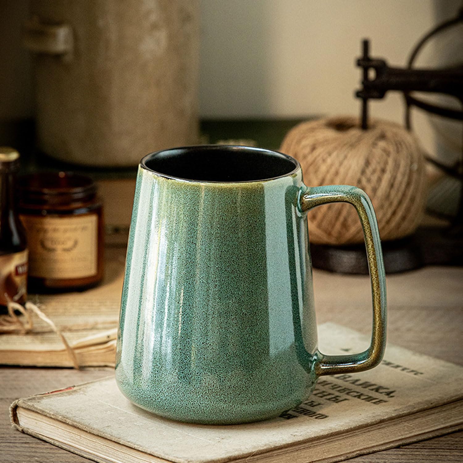 Large 24 OZ/700ml Ceramic Coffee Mugs, Capacity Mug with Handle,Tea Cup,Dishwasher Microwave Safe,for Office and Home (Green)