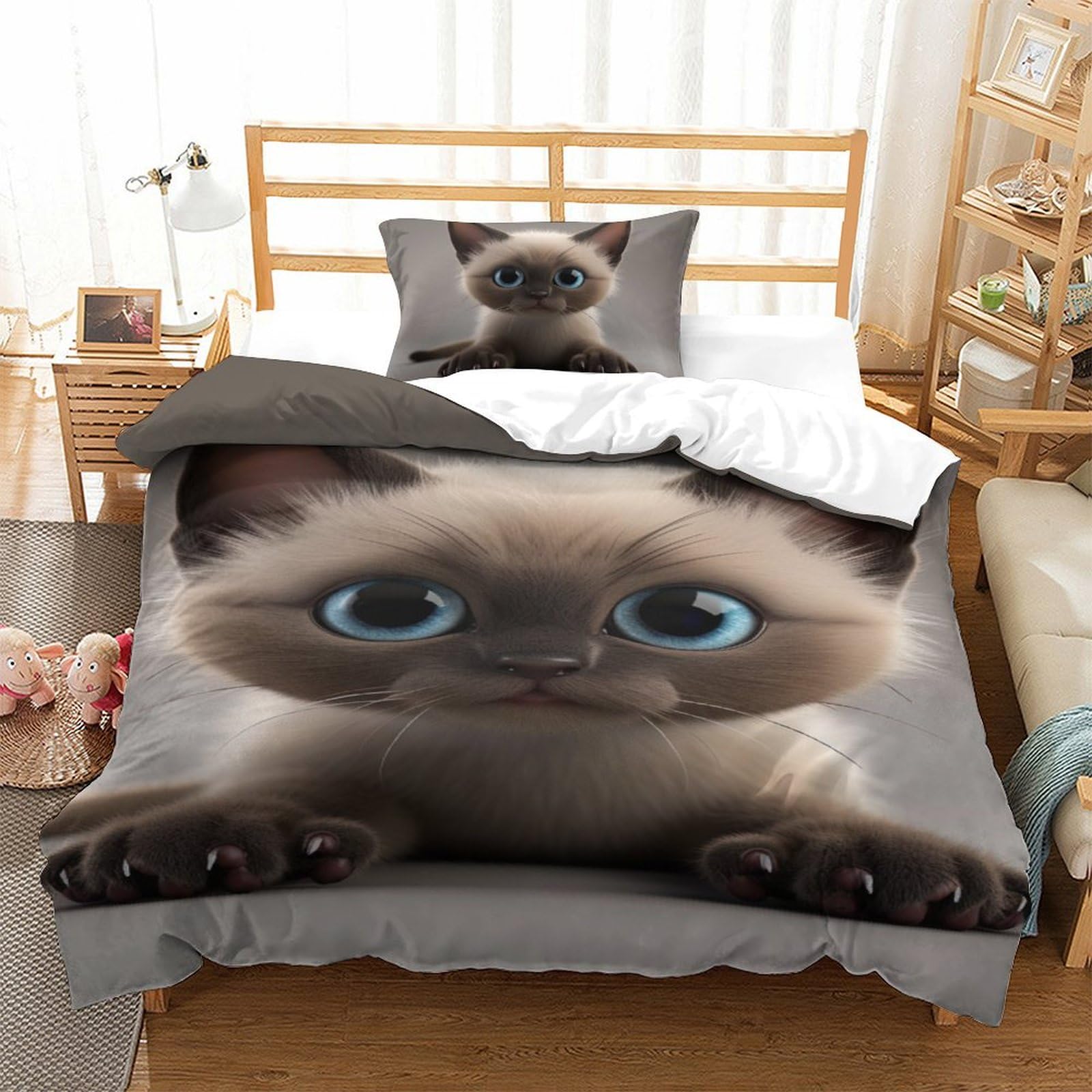 Housse de couette chat 135x200 microfibre 3 pièces pour lit simple avec taies