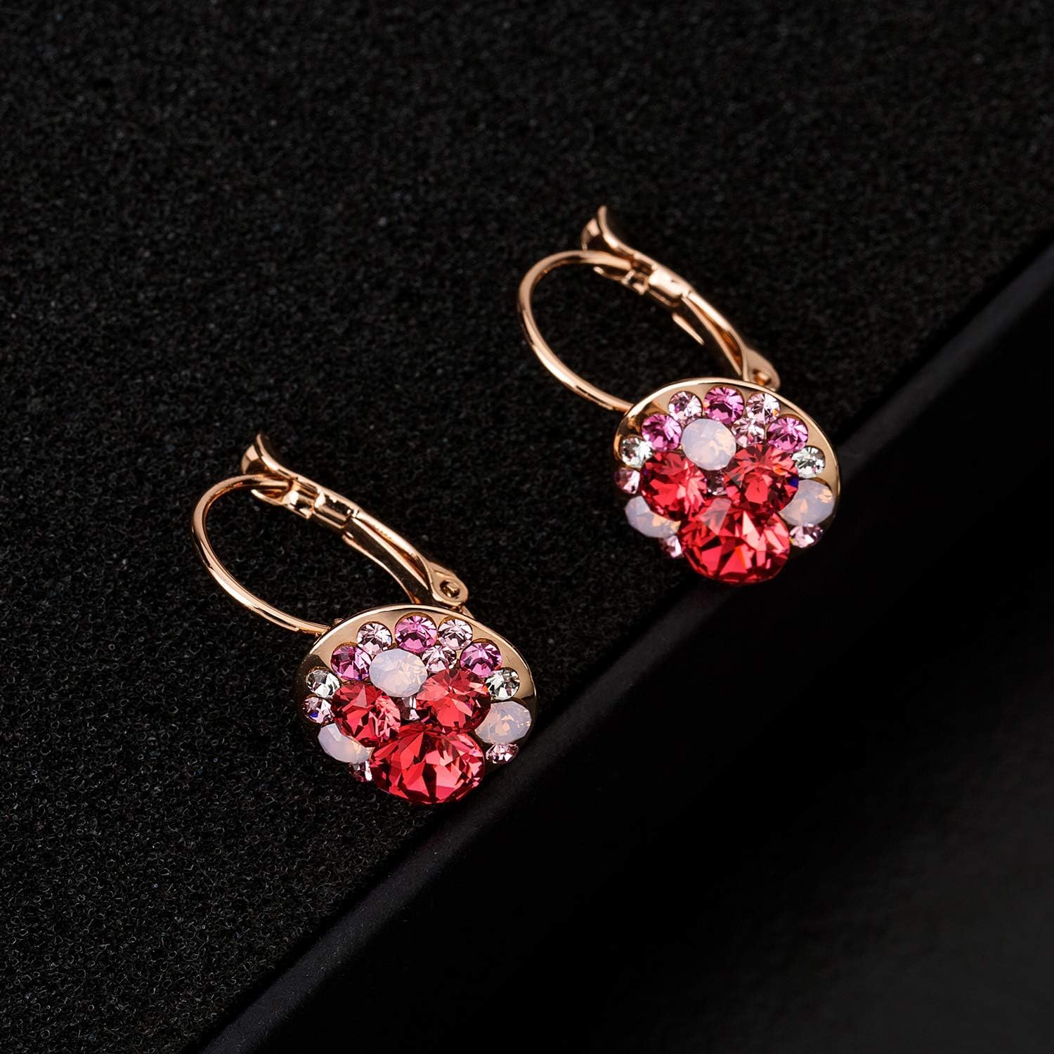 Multicolored Austrian Crystal Leverback Earrings for Women 14K Gold Plated Dangle Hoop Earrings Hypoallergenic Jewelry - Image 3