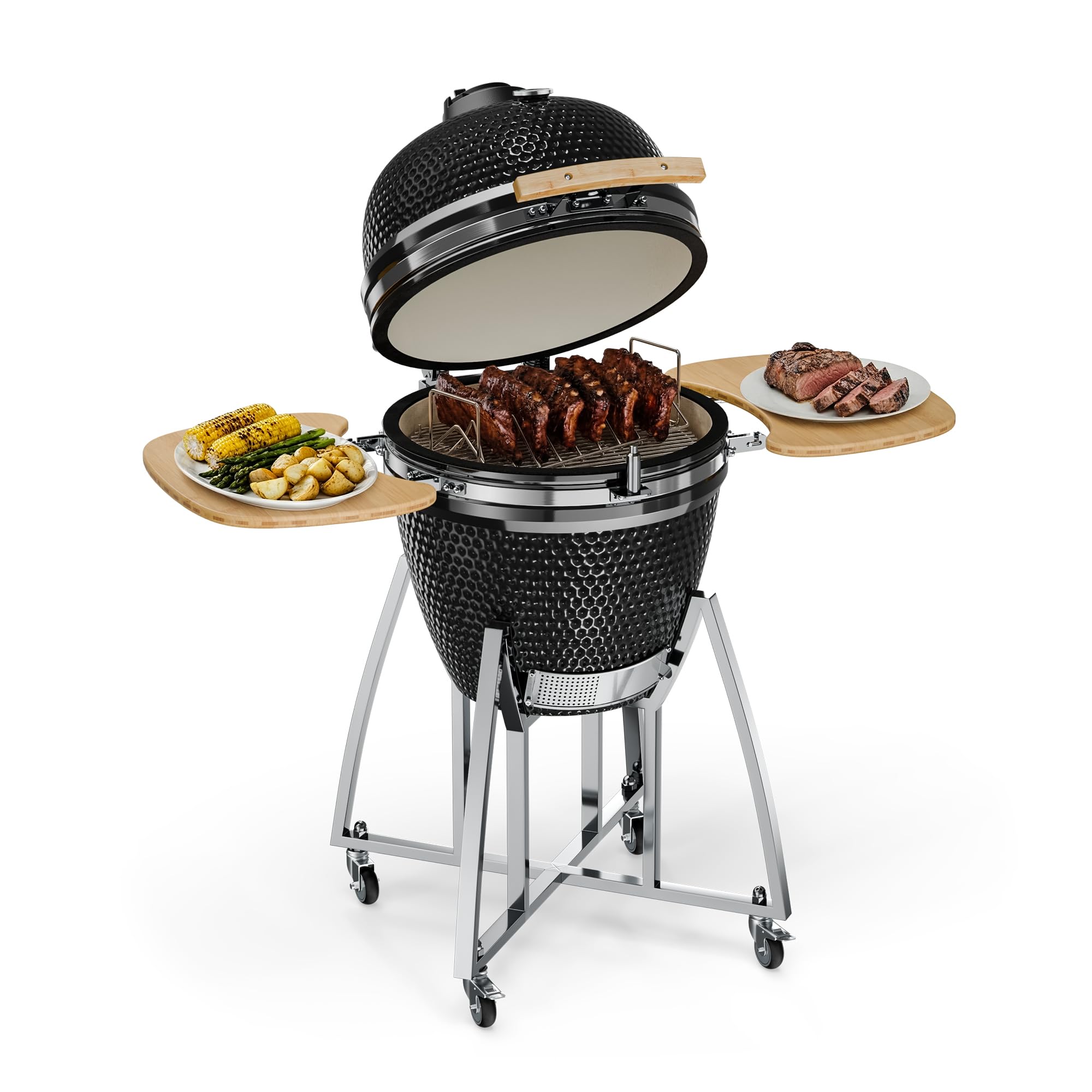 Klarstein Kamado-Grill - zum Grillen, langsamen Garen, Smoken oder Backen, abnehmbare Seitenteile, Keramik, Edelstahl, Bambus, Thermometer von 0-400 °C, 3 Rollen, 75 x 132 x 125 cm, schwarz