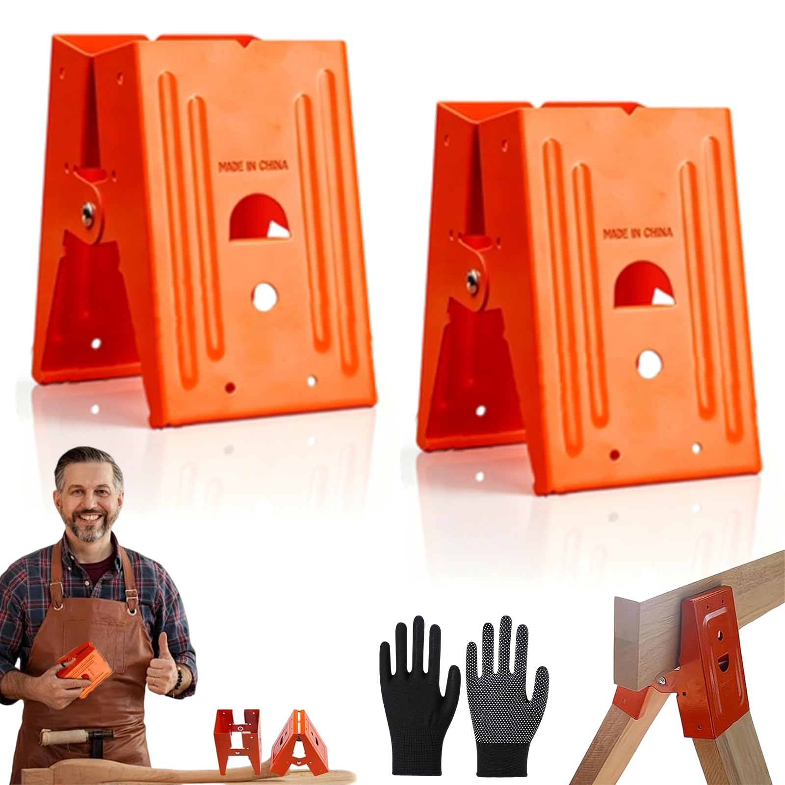Heavy-Duty Sawhorse Bracket with Down Clamp, Angle Cold Rolled Steel Saw Horse Holder with Anti-Slip Grip, Adjustable Mechanical Sawhorse Brackets, for Woodworking & DIY (2-Orange)
