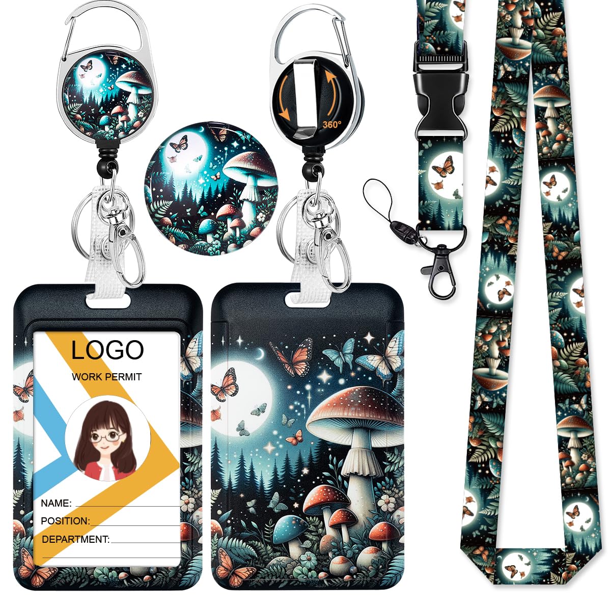 Funny Butterfly Lanyard with ID Badge Holder and Retractable Badge Reel, Detachable Neck Lanyard with ID Card Holder Carabiner Badge Reel Key Holder